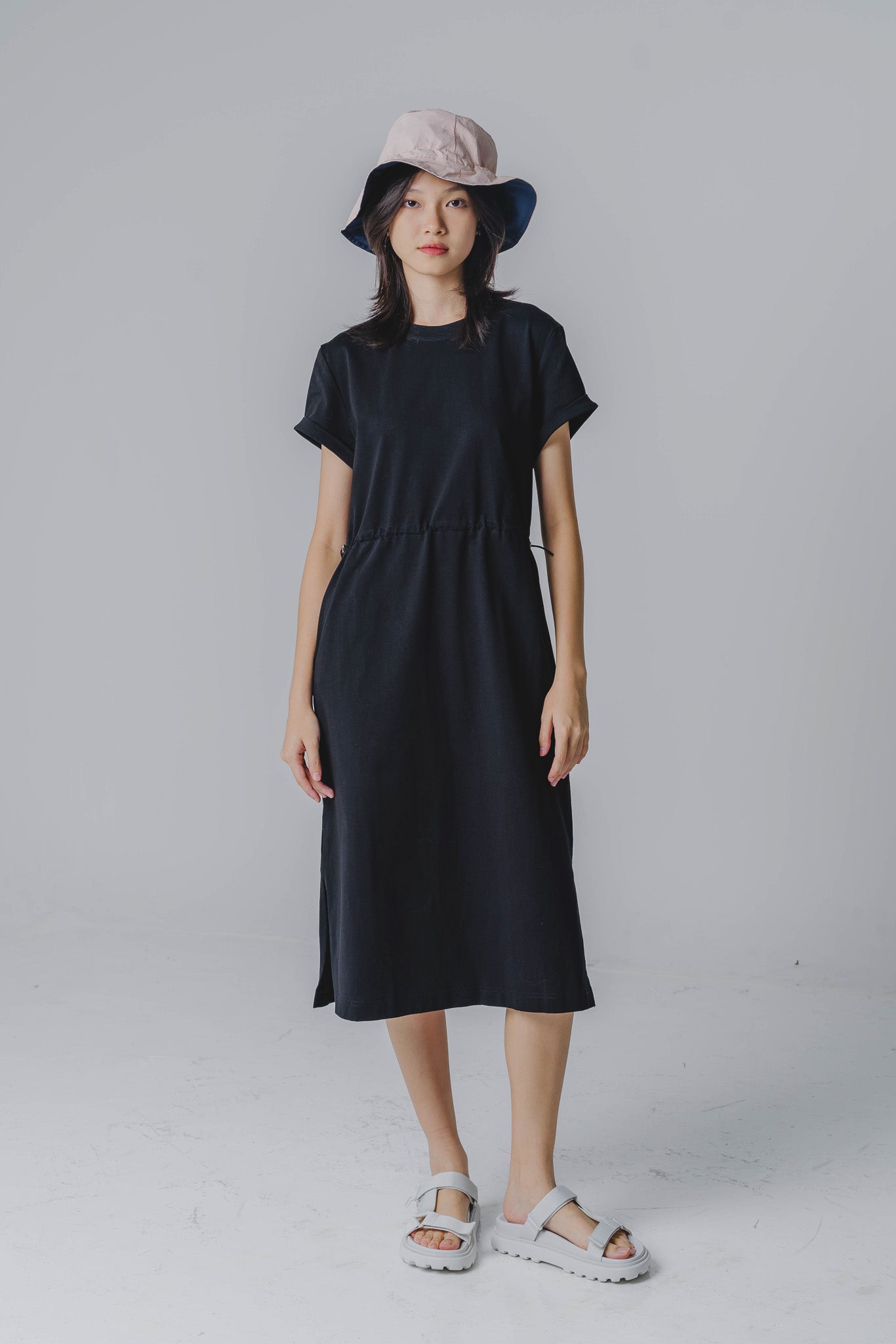 Drawstring Waist T-shirt Dress in Black