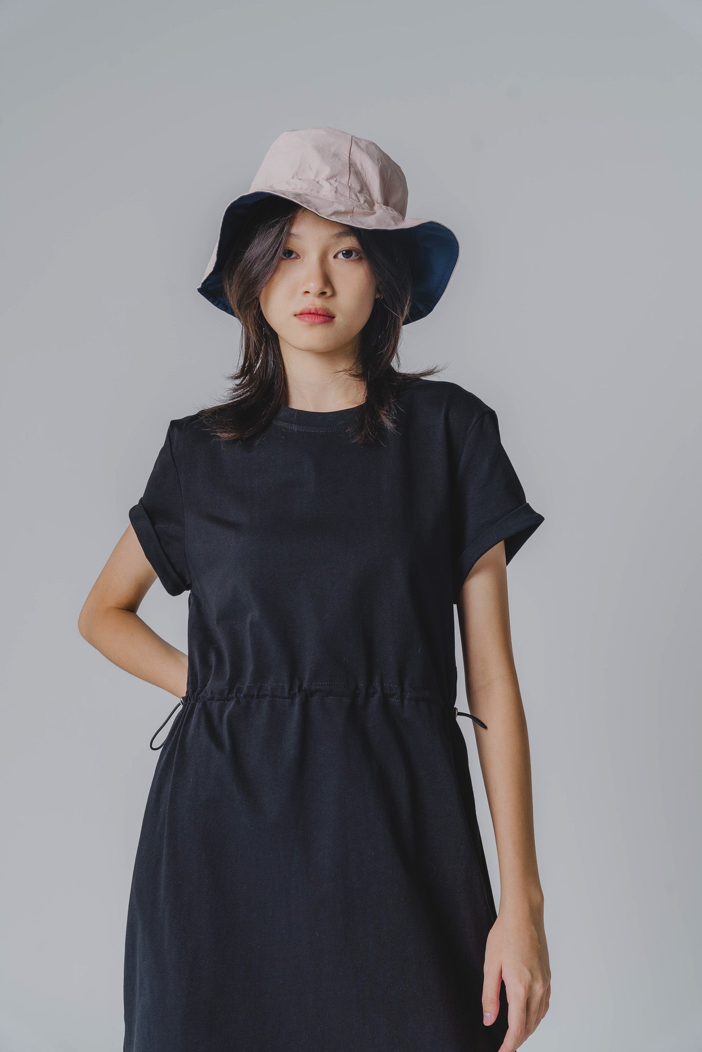 Drawstring Waist T-shirt Dress in Black