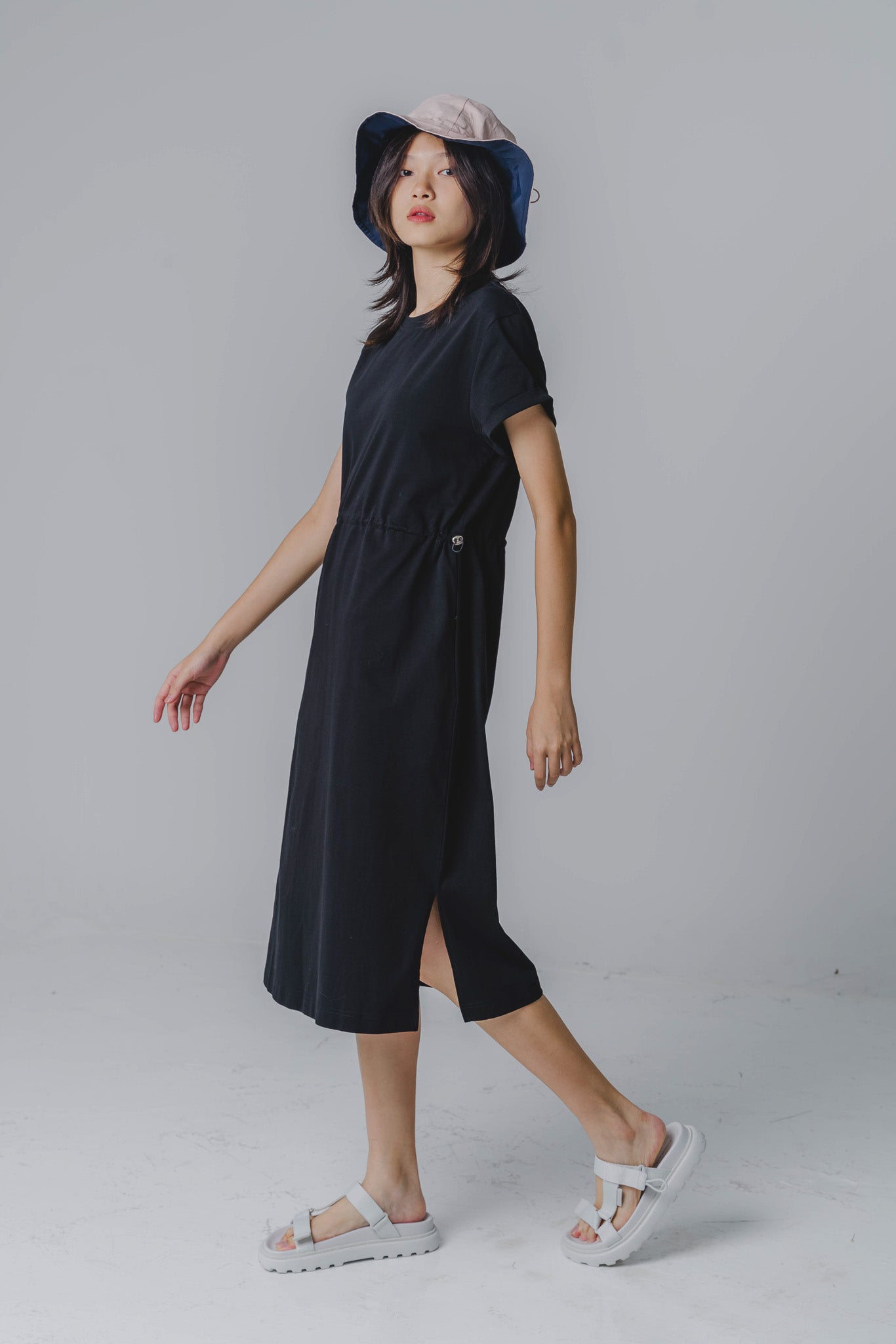 Drawstring Waist T-shirt Dress in Black