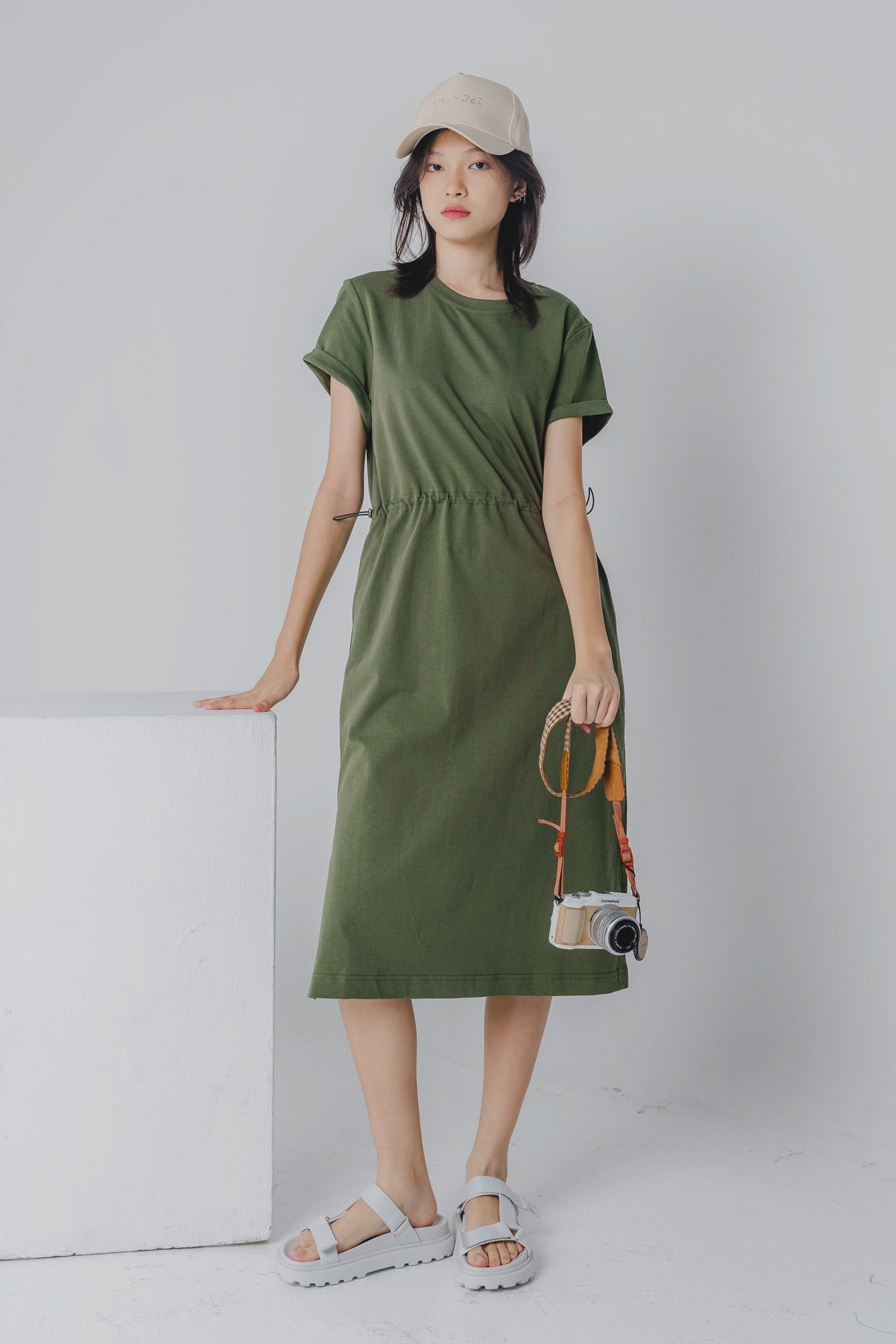 Drawstring Waist T-shirt Dress in Army Green