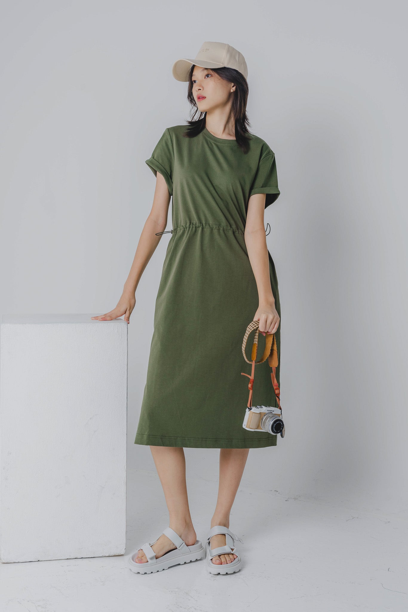 Drawstring Waist T-shirt Dress in Army Green