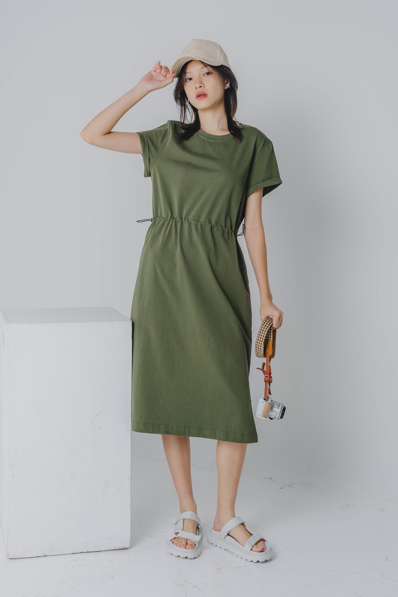Drawstring Waist T-shirt Dress in Army Green