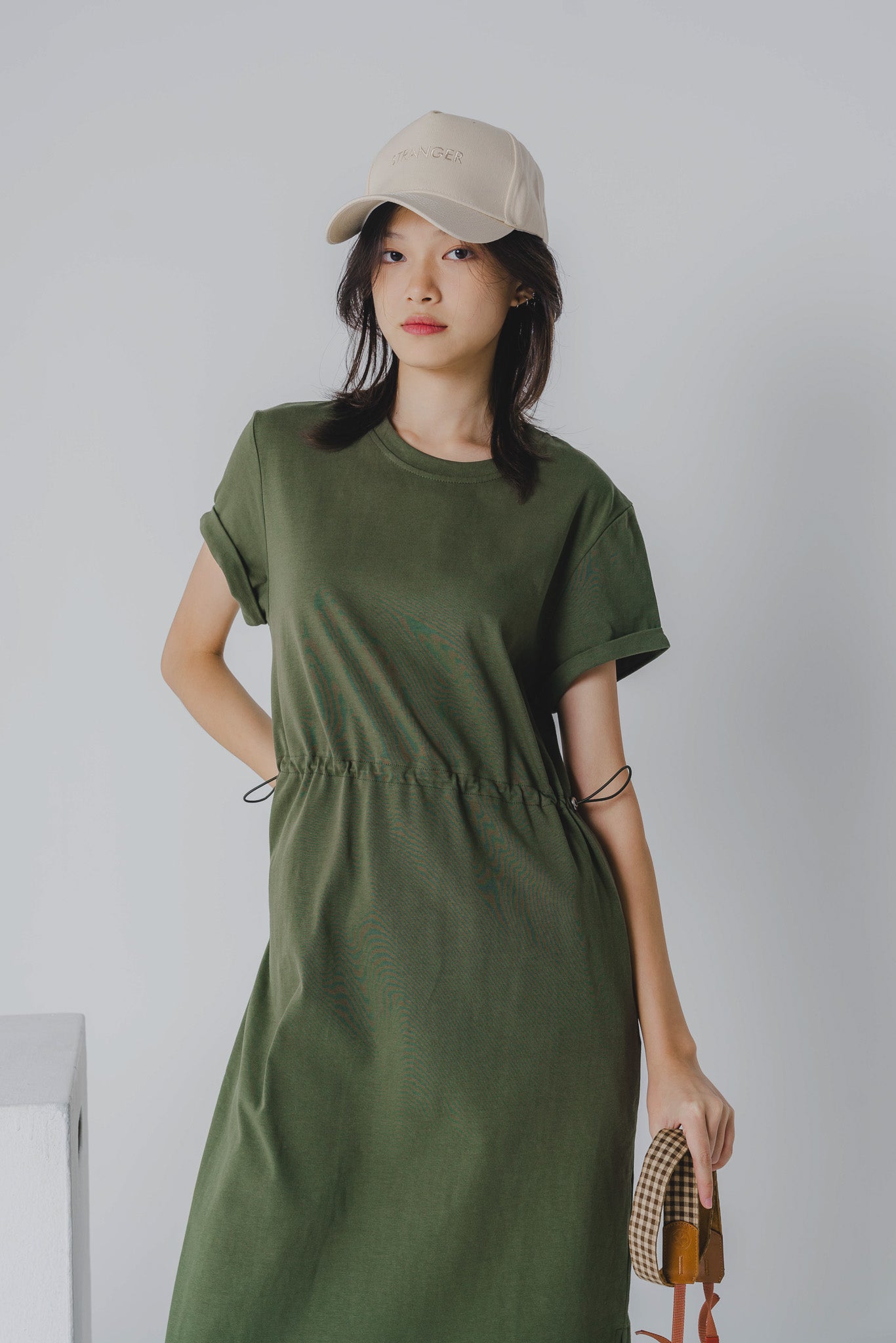 Drawstring Waist T-shirt Dress in Army Green