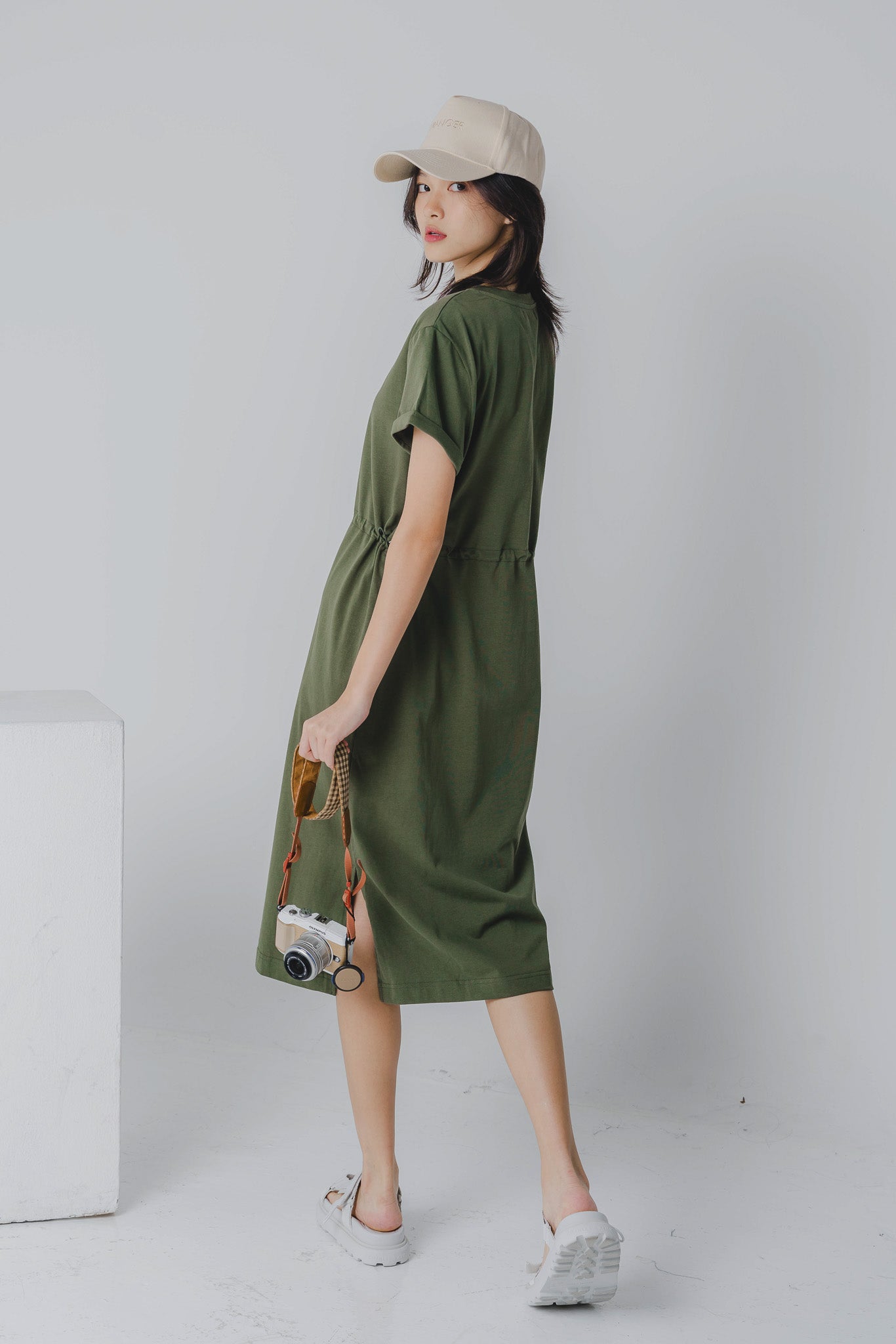Drawstring Waist T-shirt Dress in Army Green First Stitch Drawstring Waist T-shirt Dress in Army Green First Stitch