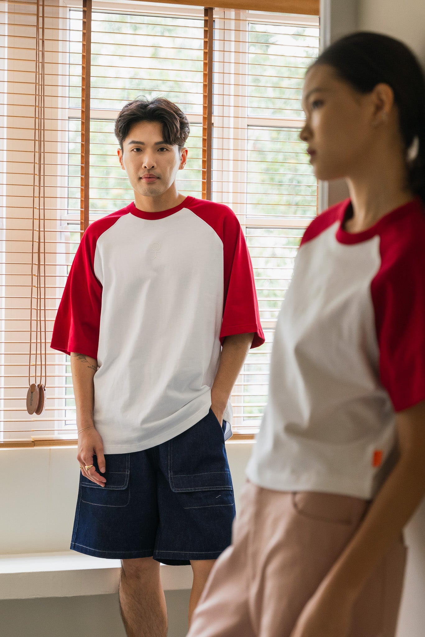Colour Block Oversized Baseball Tee in Red