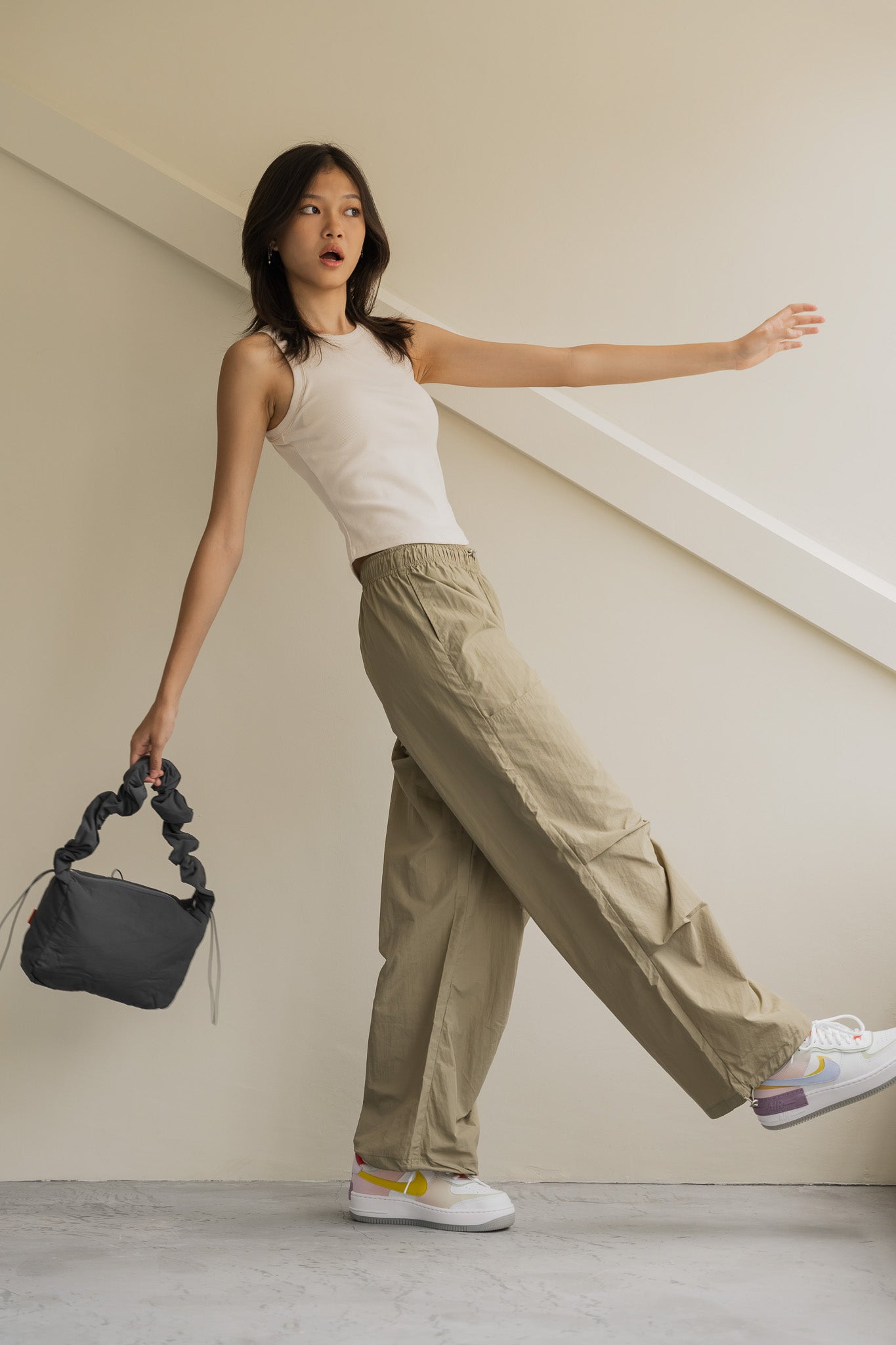 Pleat Detail Nylon Pants in Olive