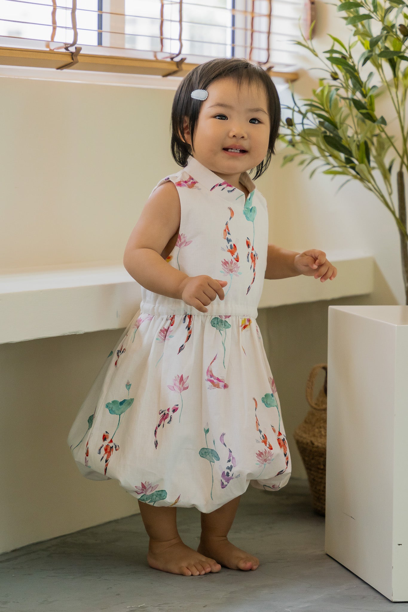 Abundance Kid's Mandarin Bubble Linen Dress in Whisper