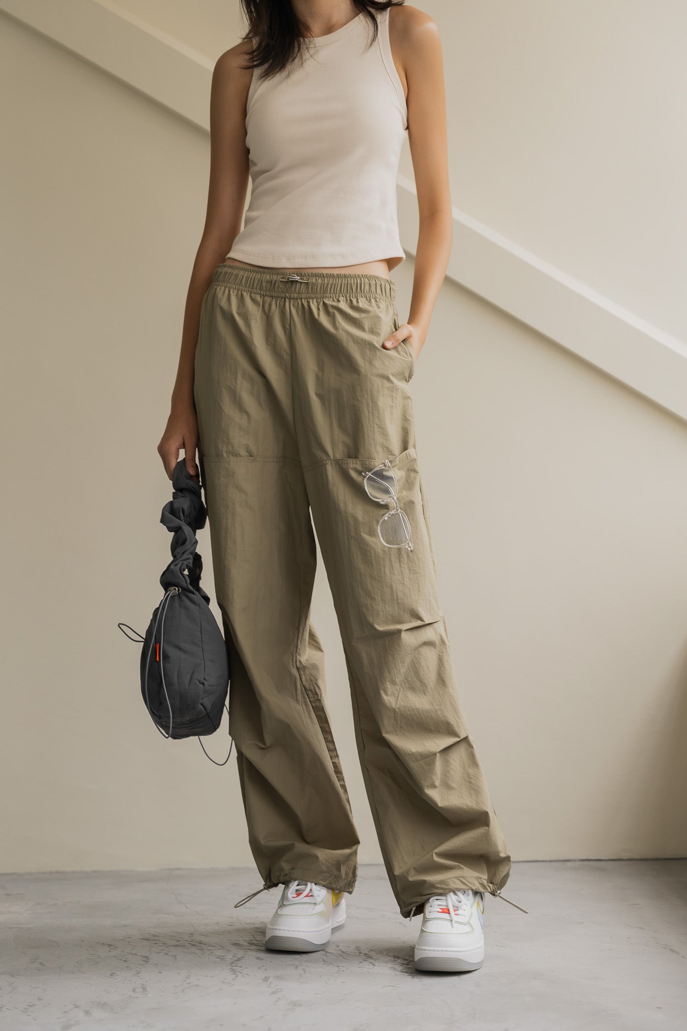 Pleat Detail Nylon Pants in Olive