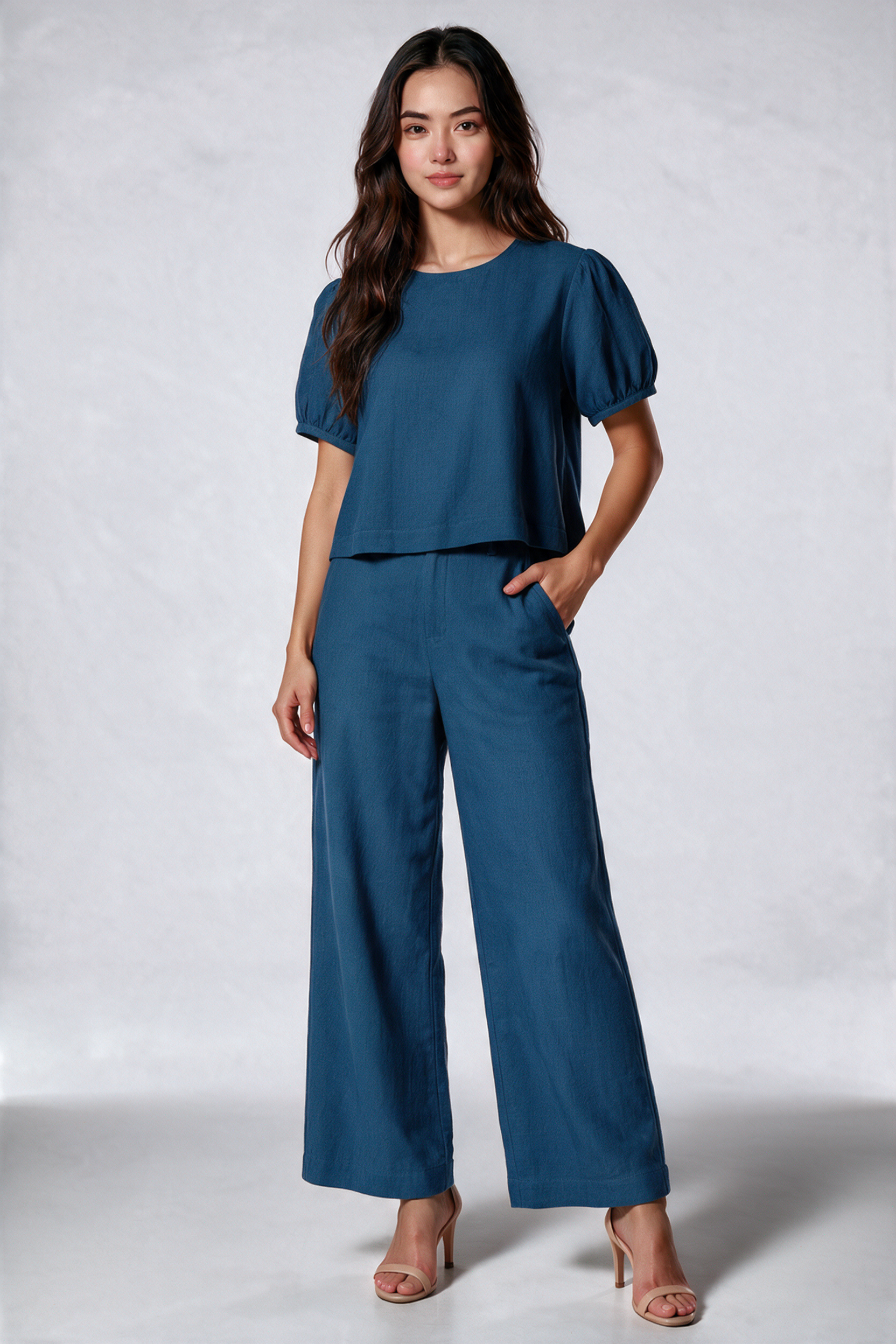 Tencel Denim Ribbon Blouse in Mid Wash