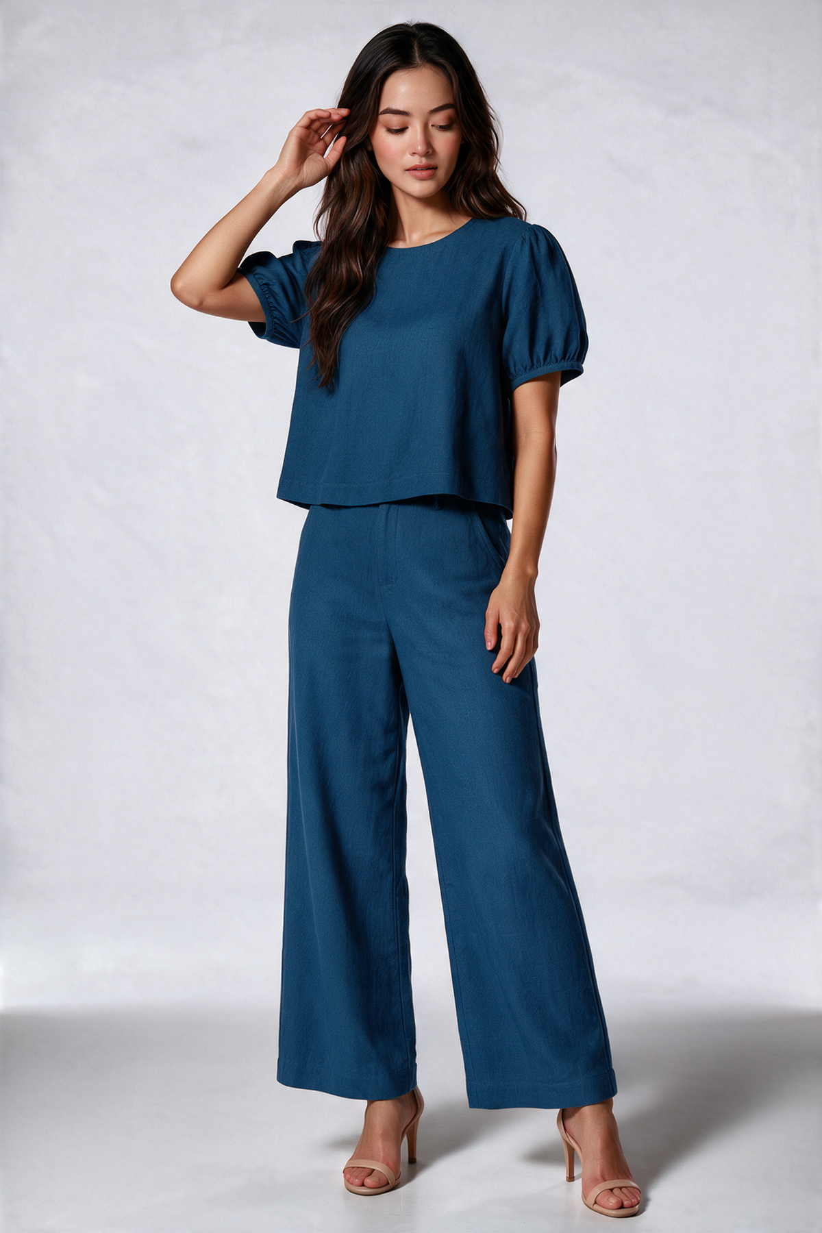 Tencel Denim Ribbon Blouse in Mid Wash