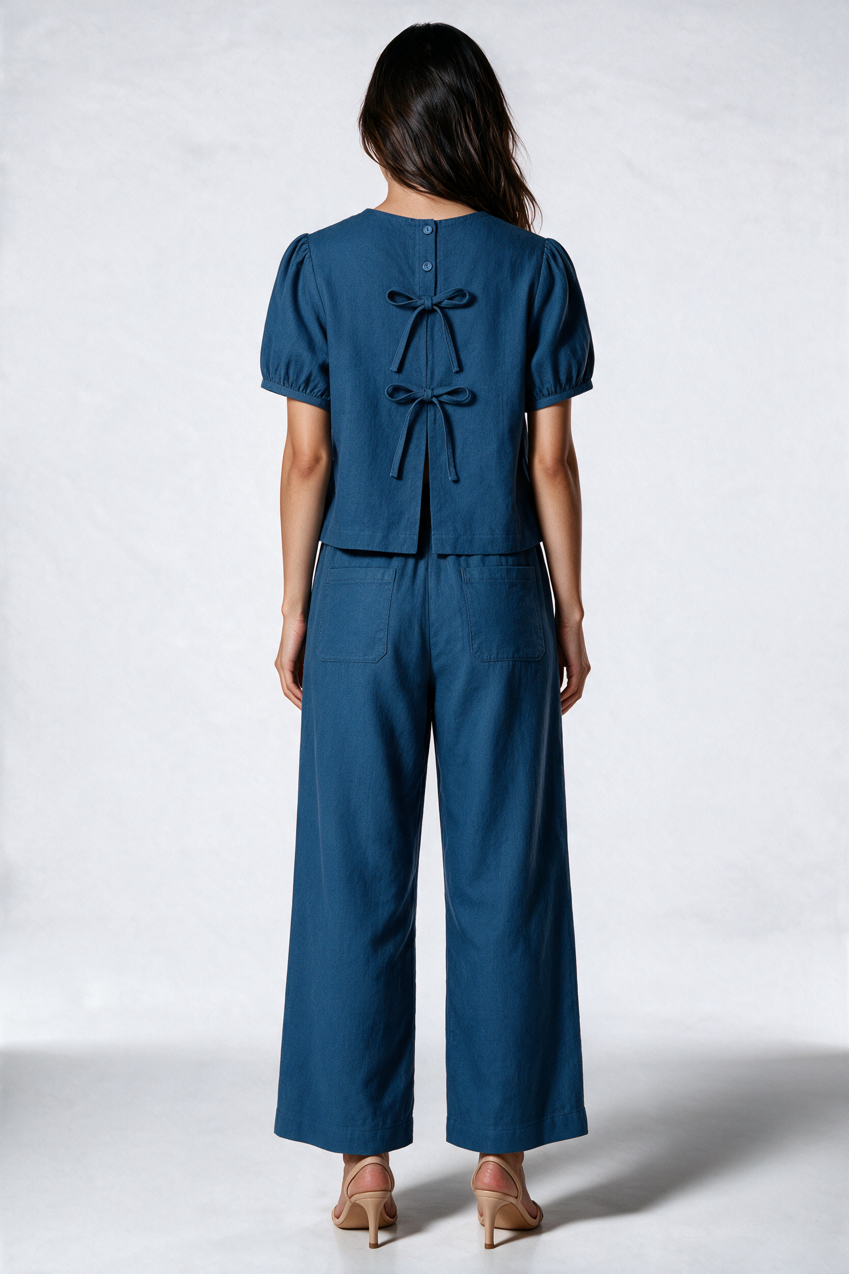 Tencel Denim Ribbon Blouse in Mid Wash
