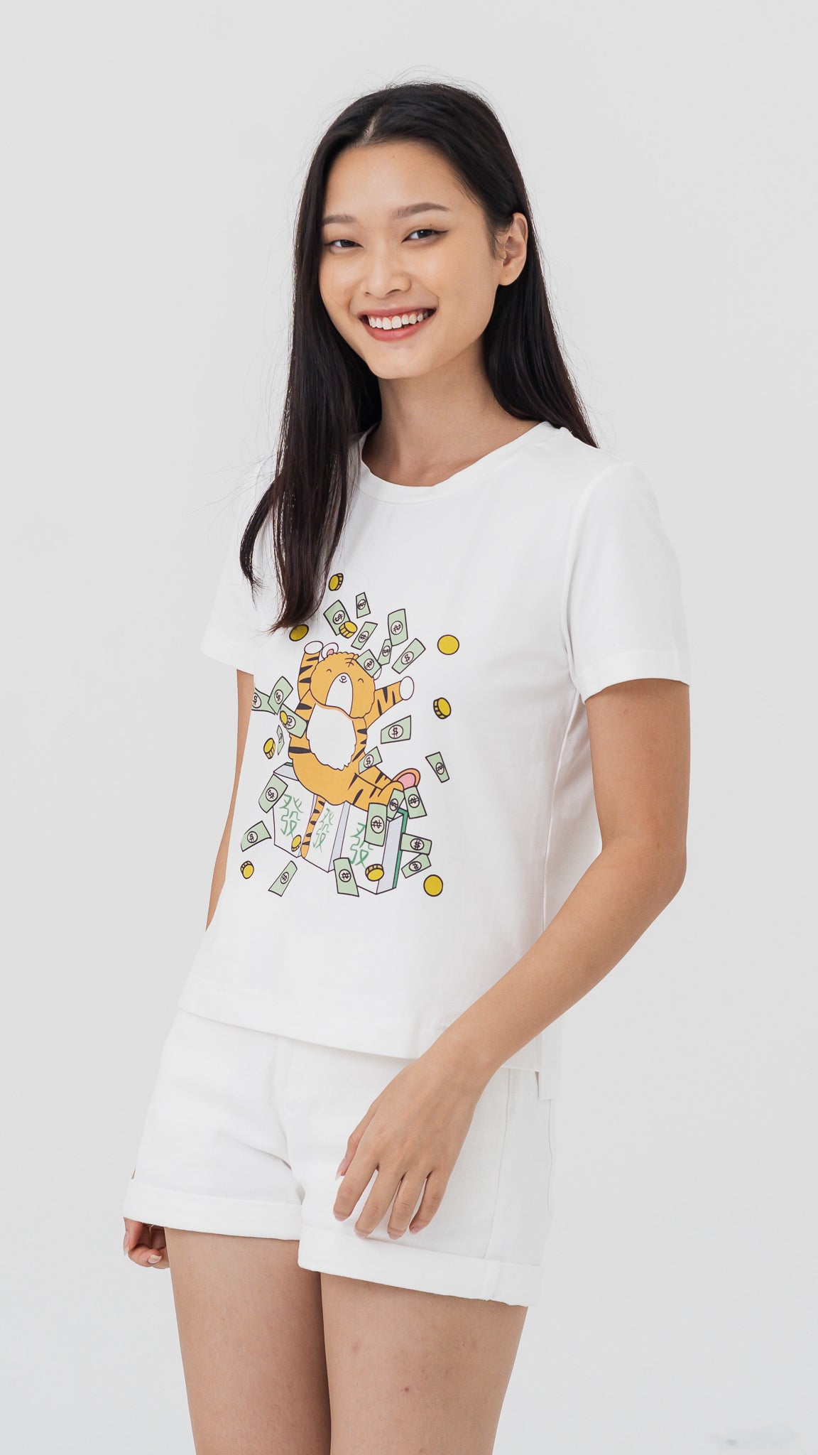 Mahjong Tiger Women's Tee in White [ONLINE ONLY]