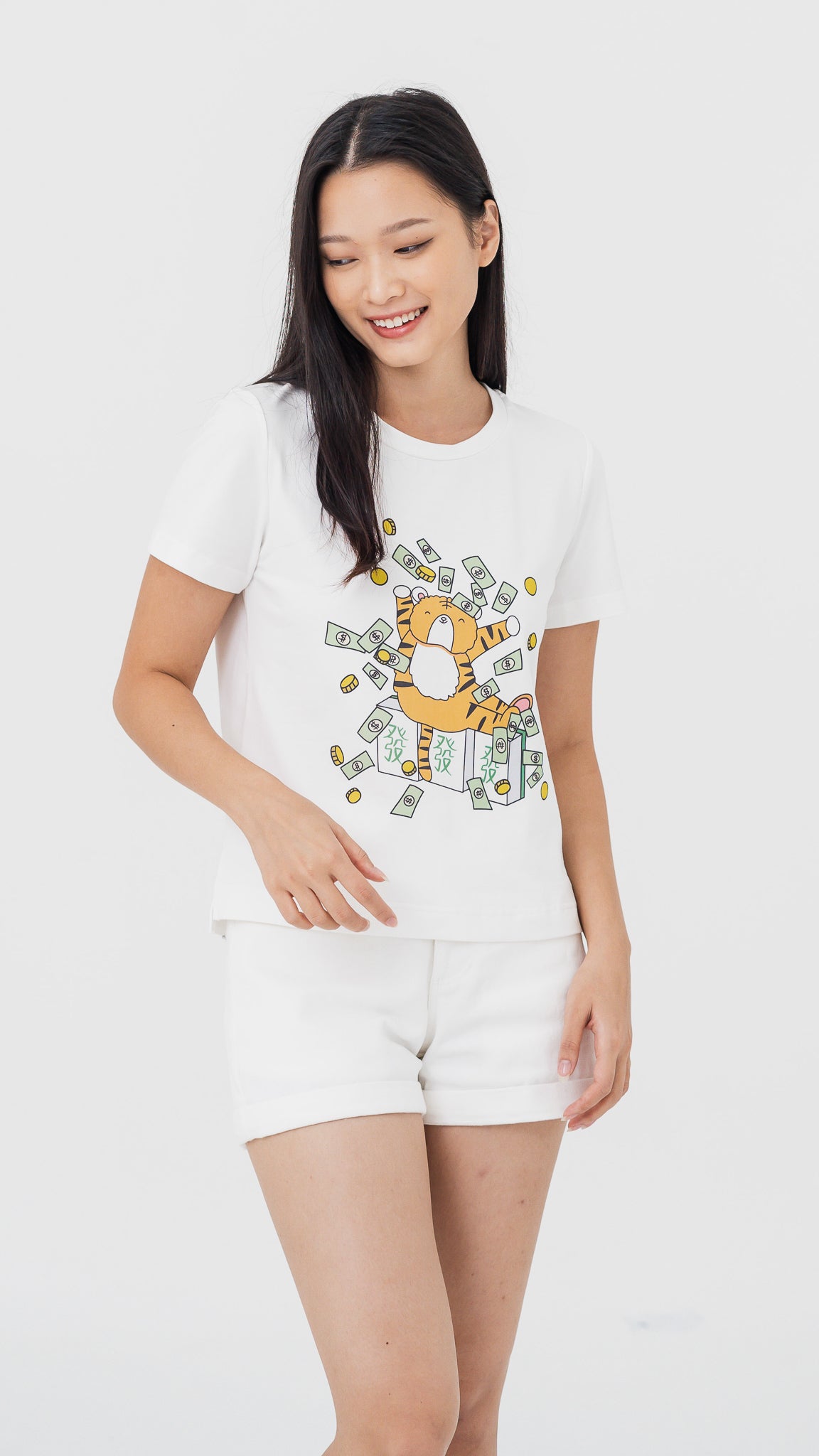 Mahjong Tiger Women's Tee in White [ONLINE ONLY]