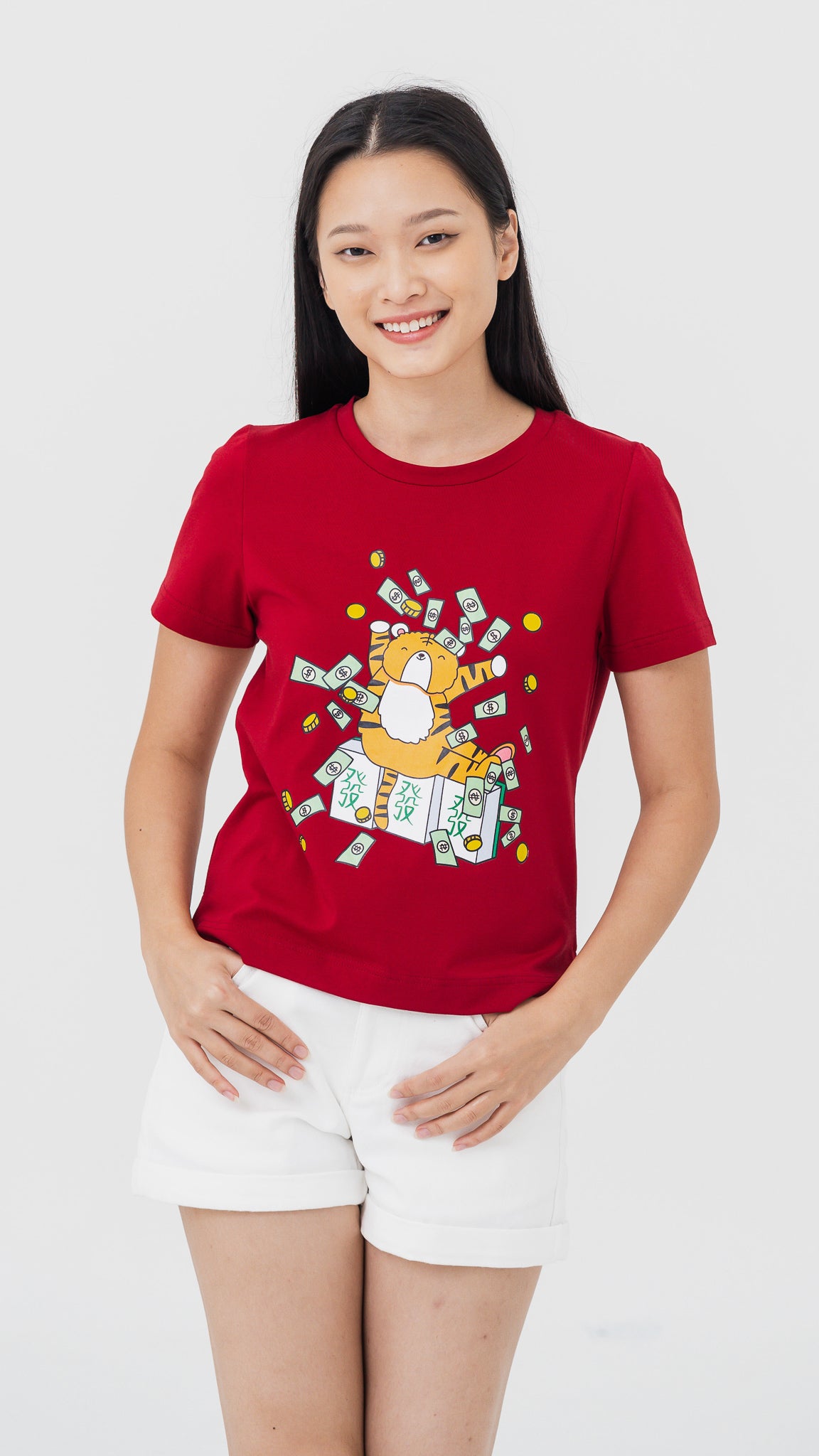 Mahjong Tiger Women's Tee in Red [ONLINE ONLY]