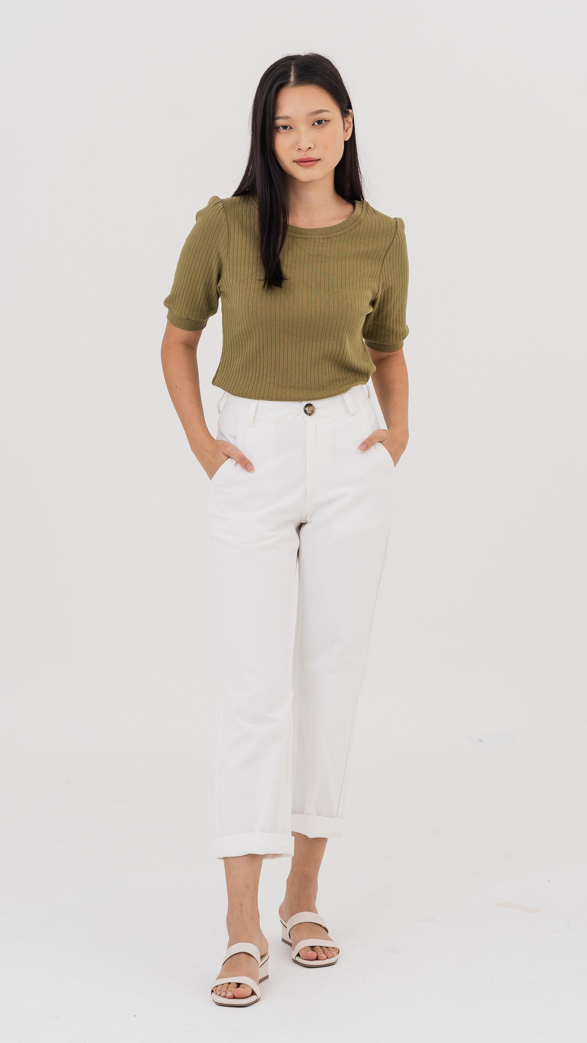 Kyla Puff Sleeve Ribbed Blouse in Army Green [ONLINE ONLY]