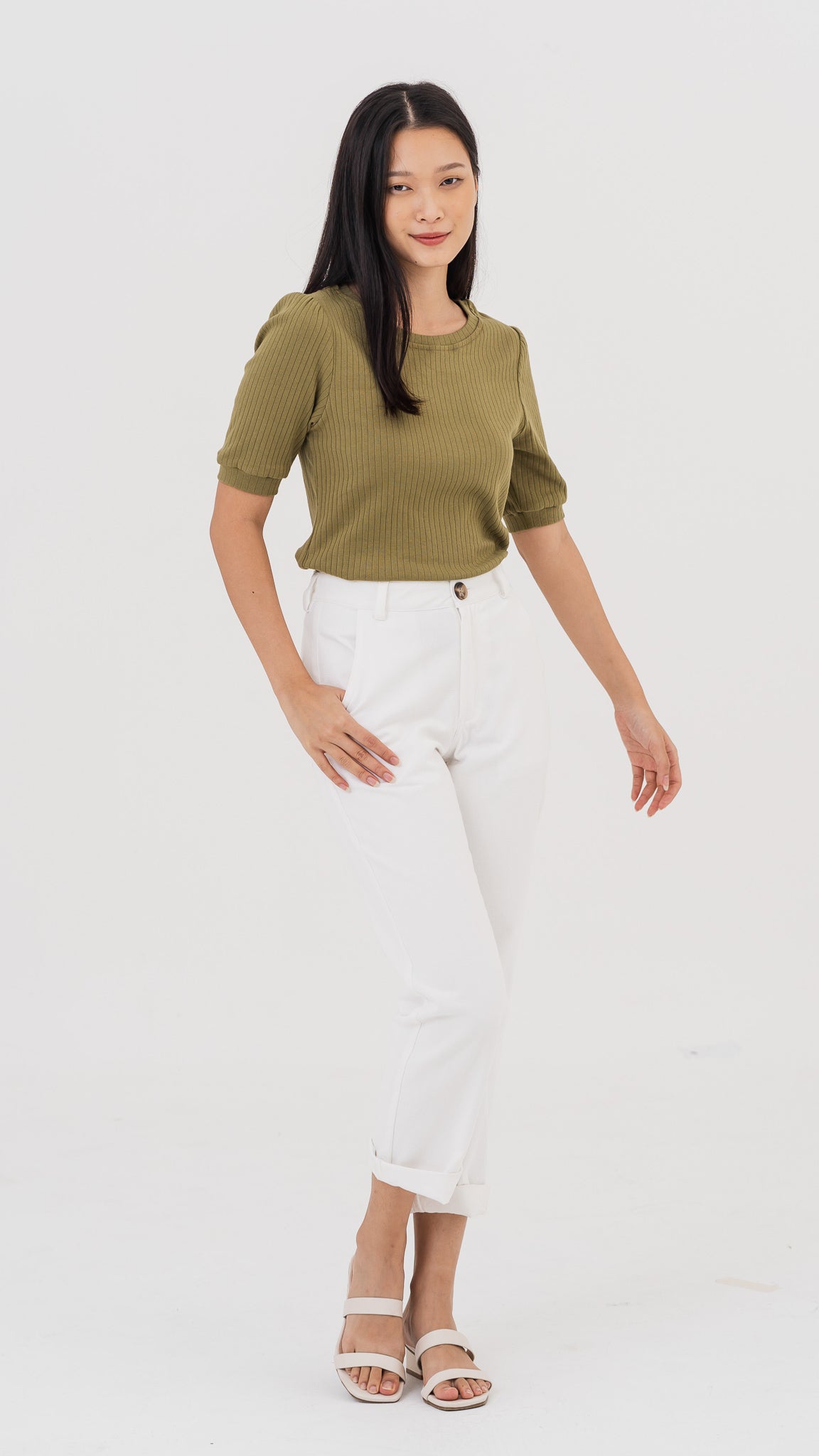 Kyla Puff Sleeve Ribbed Blouse in Army Green [ONLINE ONLY]
