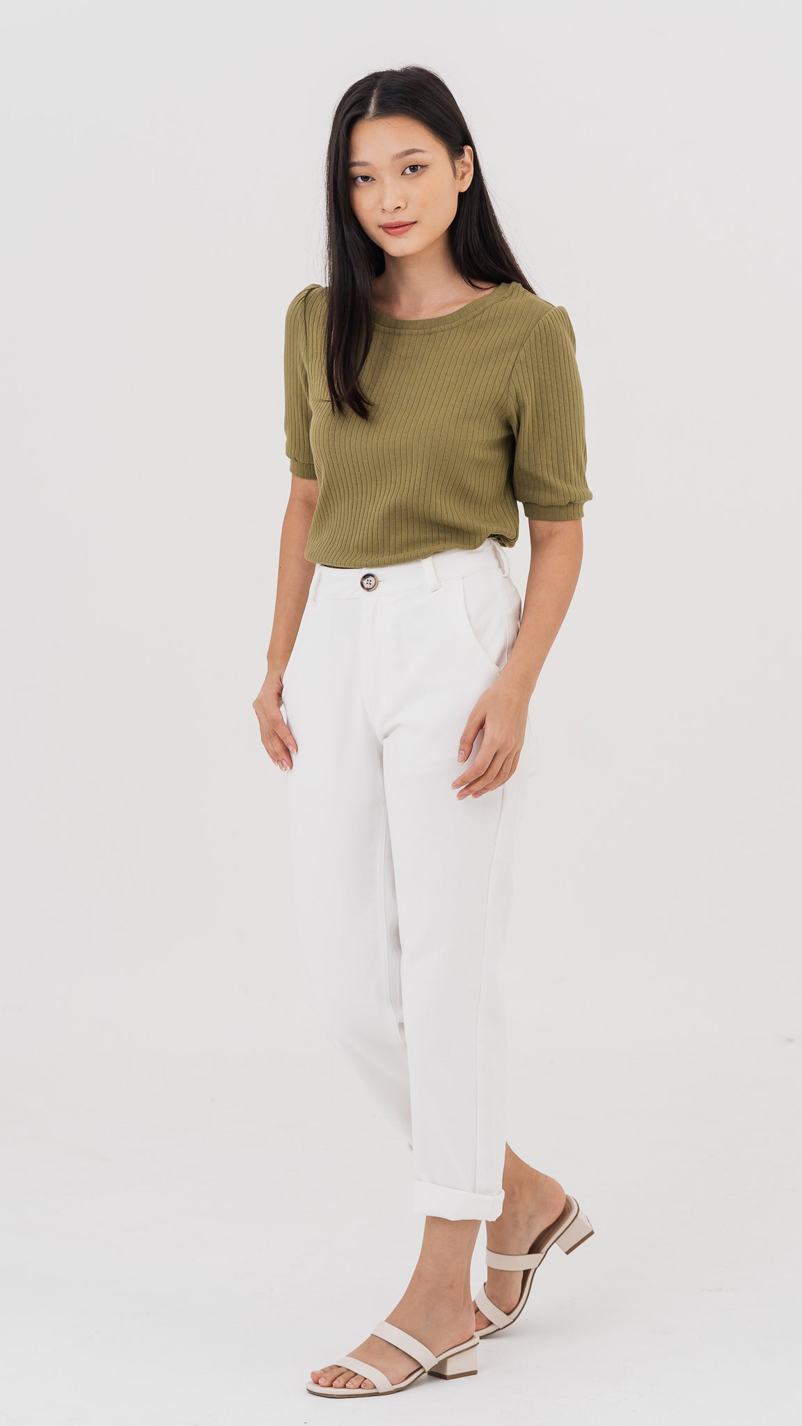 Kyla Puff Sleeve Ribbed Blouse in Army Green [ONLINE ONLY]
