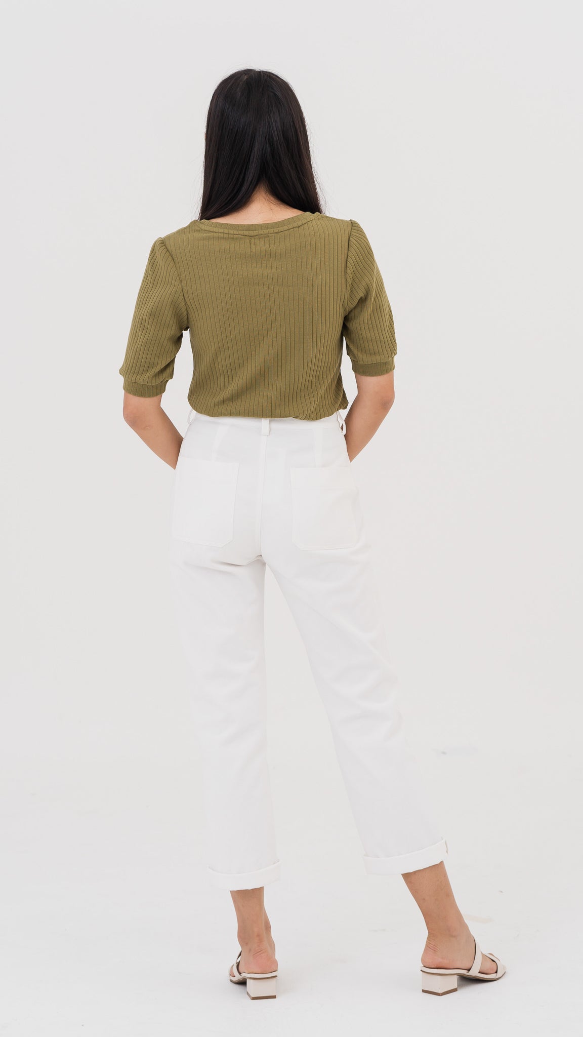 Kyla Puff Sleeve Ribbed Blouse in Army Green [ONLINE ONLY]