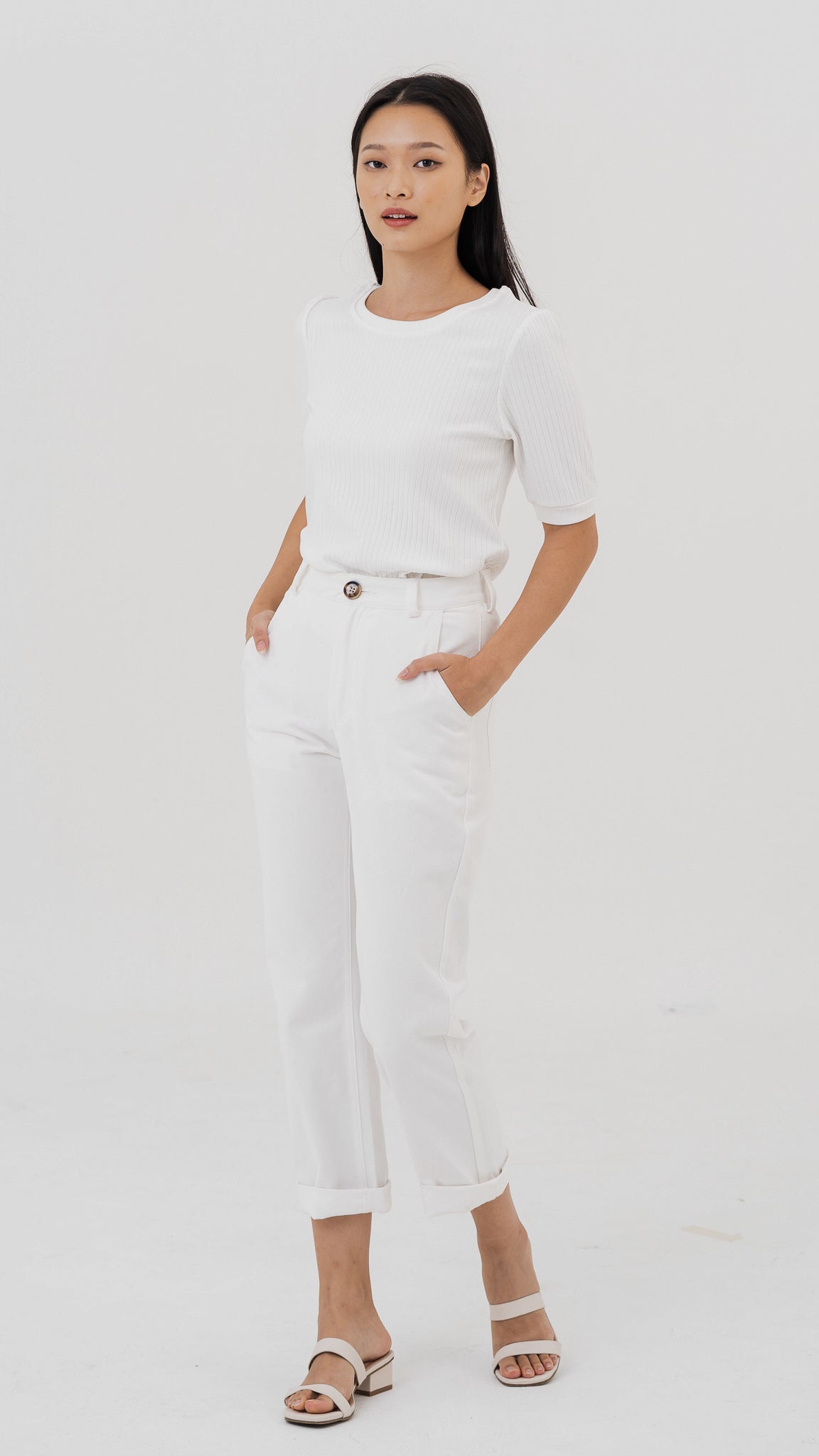 Kyla Puff Sleeve Ribbed Blouse in White [ONLINE ONLY]