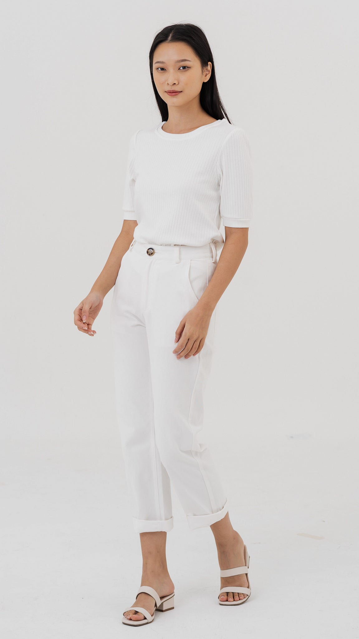 Kyla Puff Sleeve Ribbed Blouse in White [ONLINE ONLY]