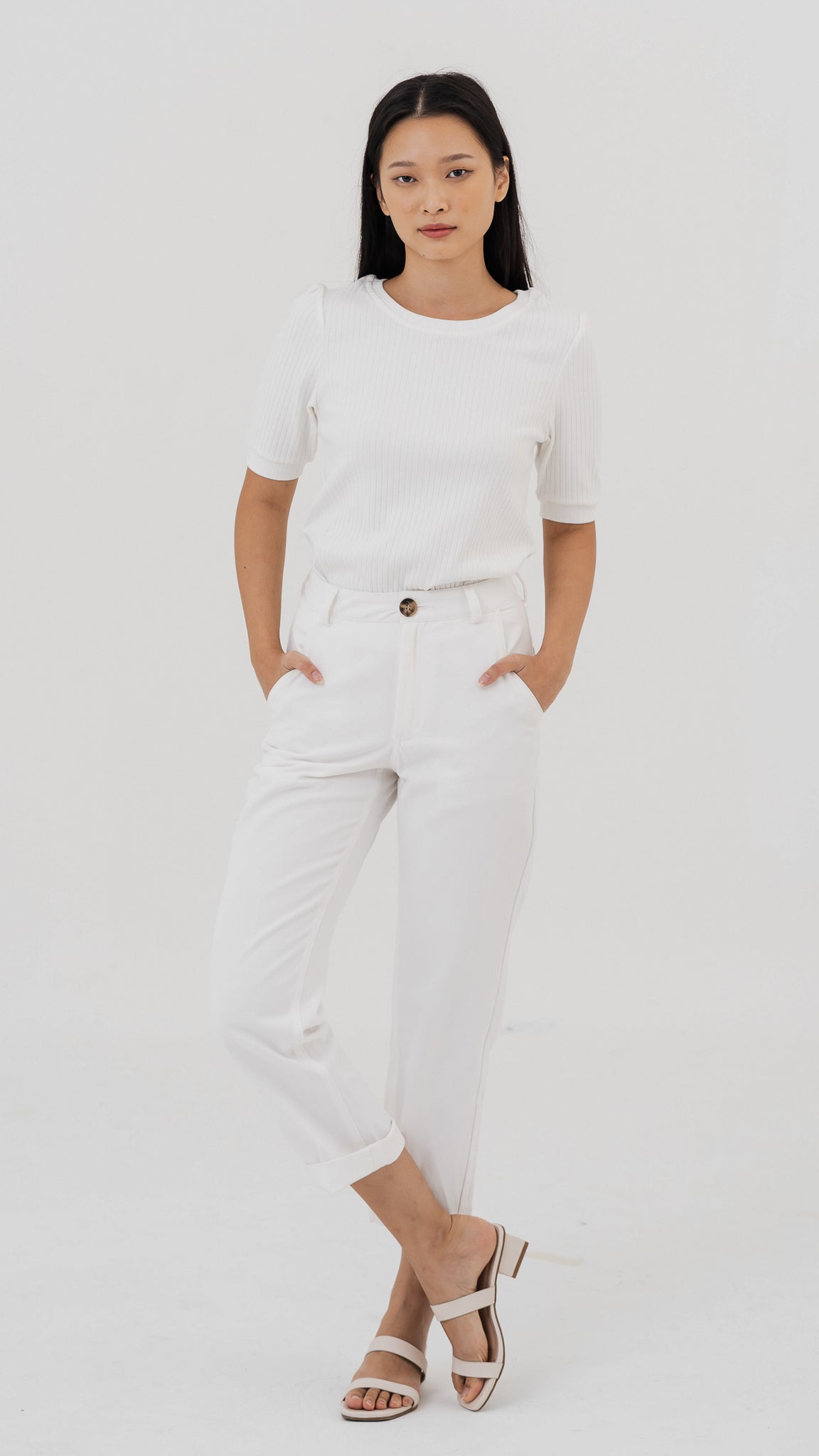 Kyla Puff Sleeve Ribbed Blouse in White [ONLINE ONLY]