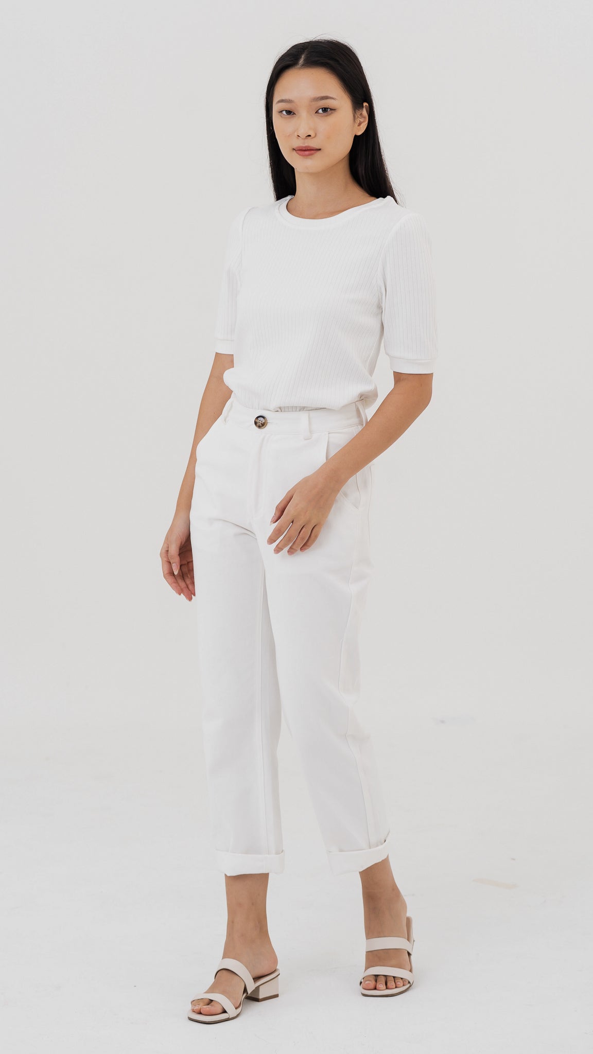 Kyla Puff Sleeve Ribbed Blouse in White [ONLINE ONLY]