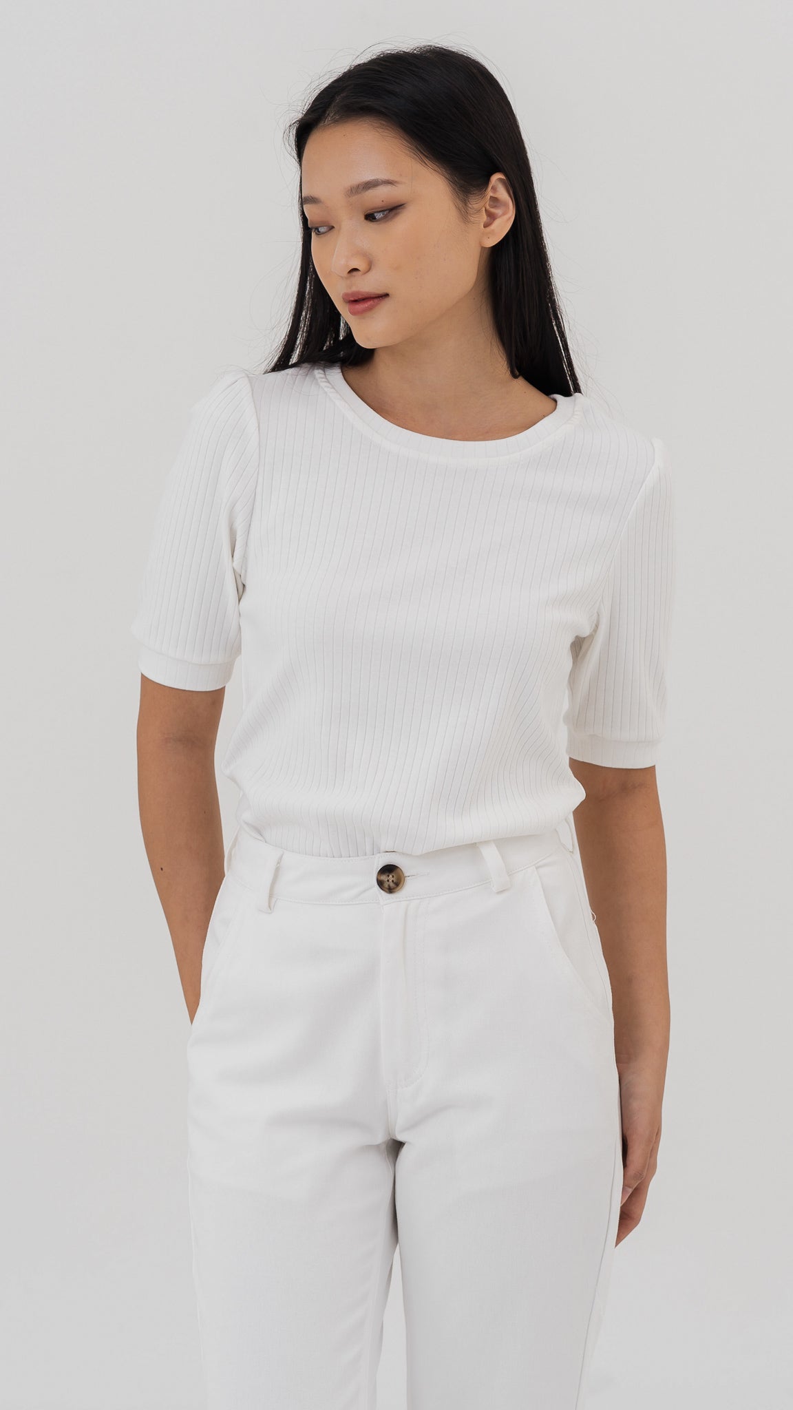 Kyla Puff Sleeve Ribbed Blouse in White [ONLINE ONLY]