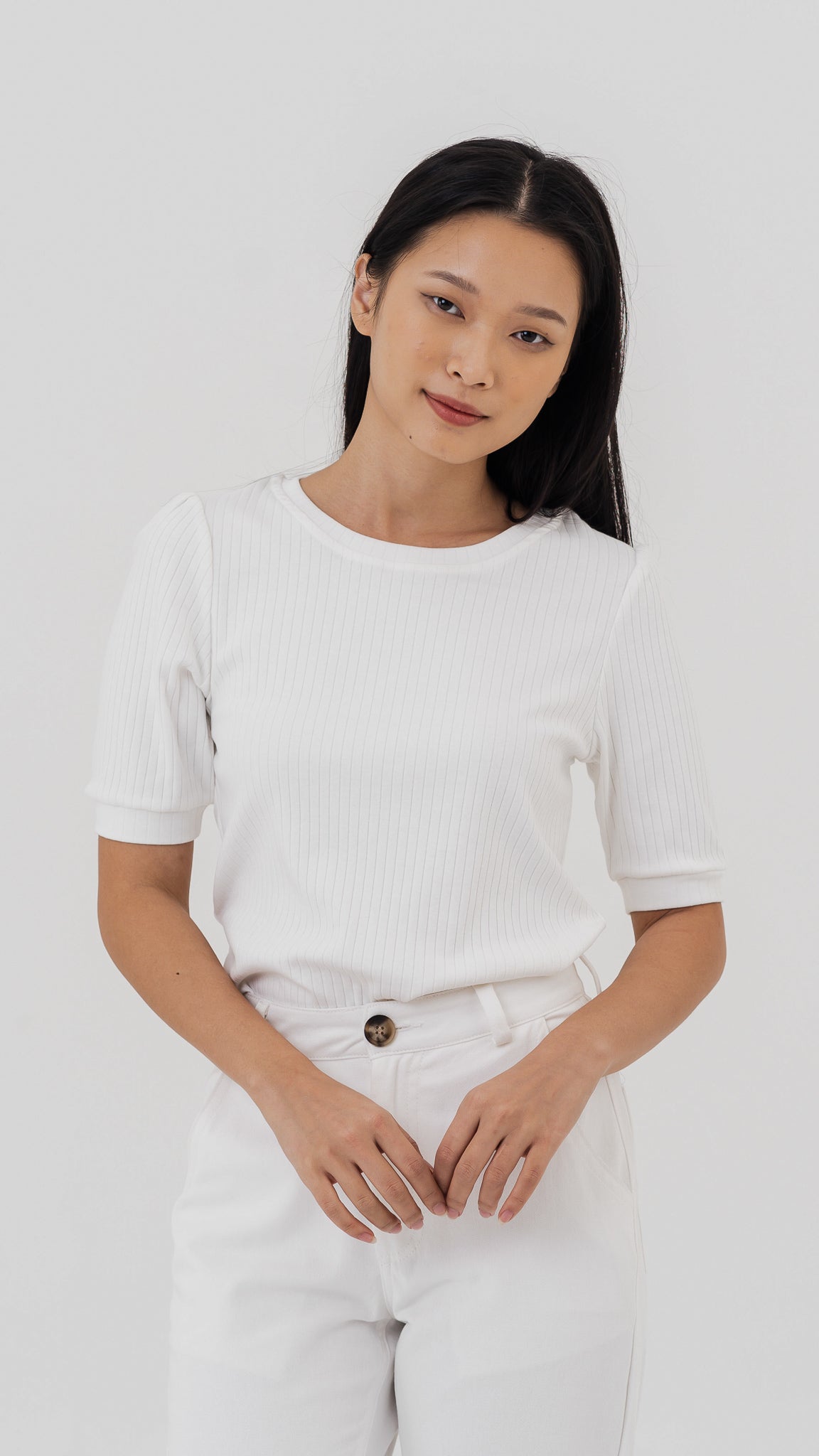 Kyla Puff Sleeve Ribbed Blouse in White [ONLINE ONLY]