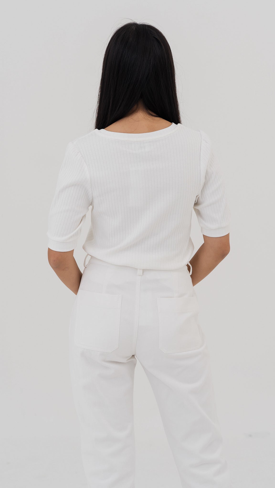 Kyla Puff Sleeve Ribbed Blouse in White [ONLINE ONLY]