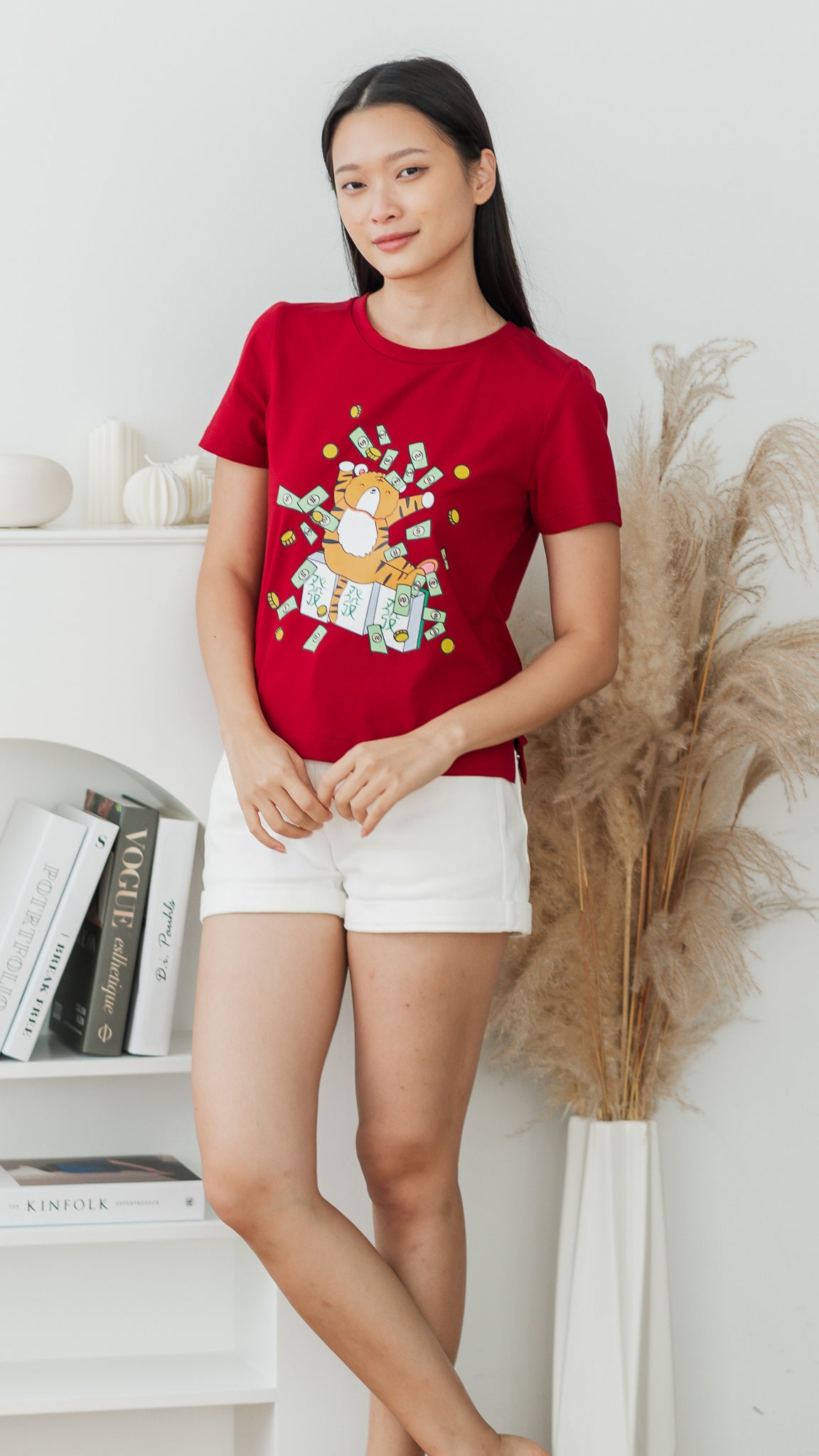 Mahjong Tiger Women's Tee in Red [ONLINE ONLY]