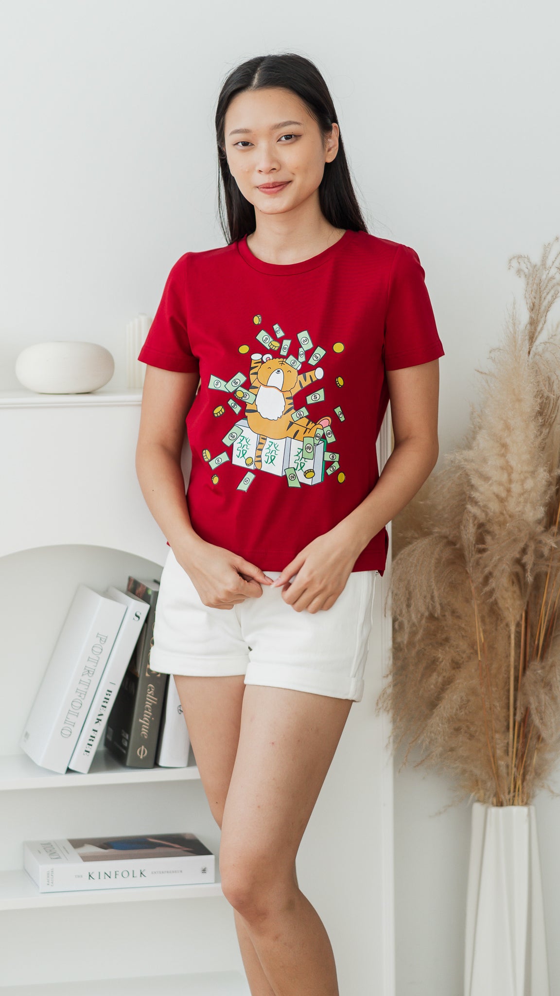 Mahjong Tiger Women's Tee in Red [ONLINE ONLY]