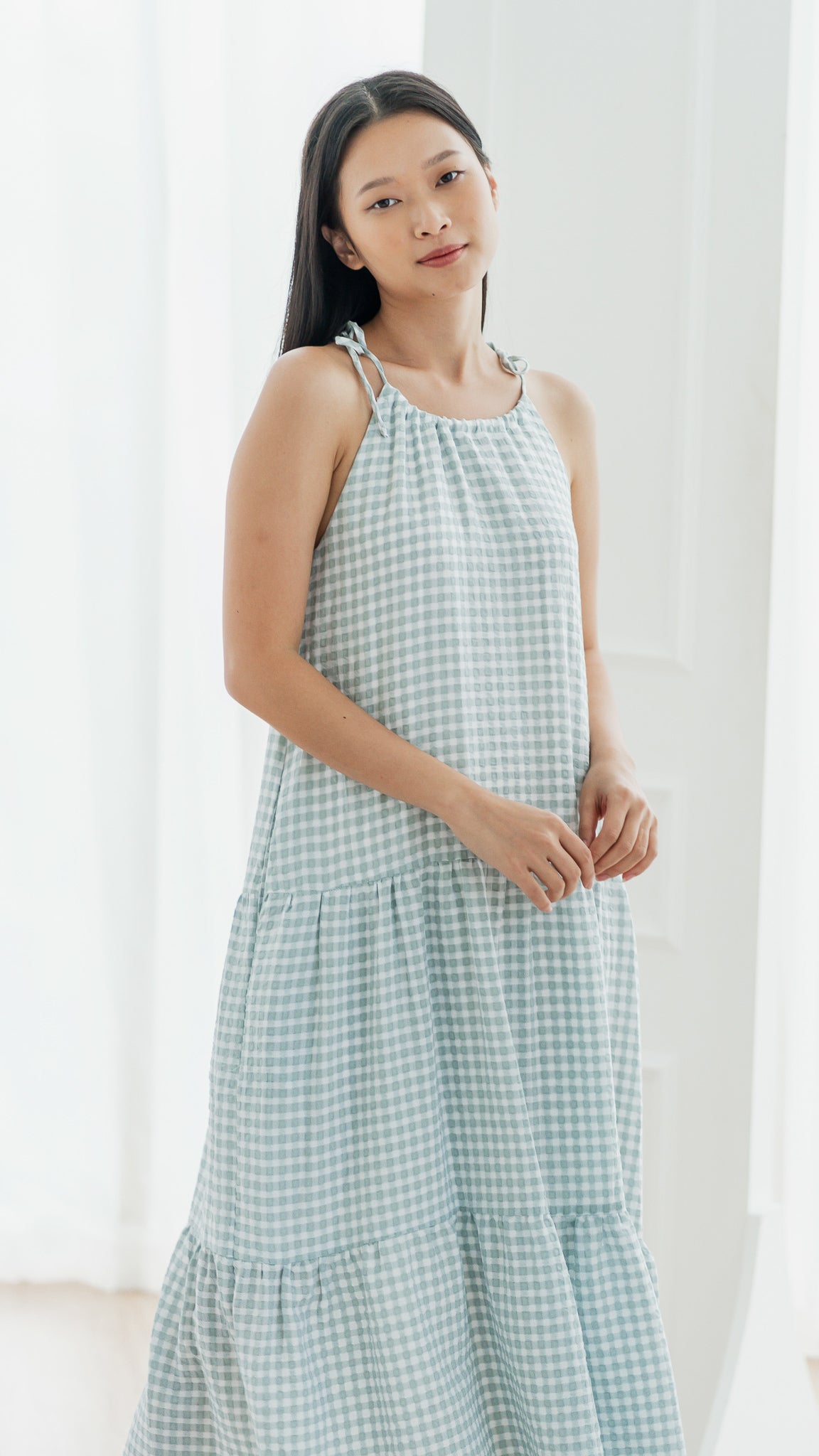Natalia Halter Gingham Maxi Dress in Sage [ONLINE ONLY]