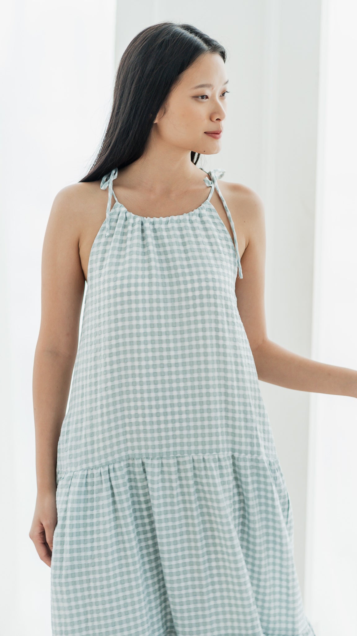 Natalia Halter Gingham Maxi Dress in Sage [ONLINE ONLY]  First Stitch