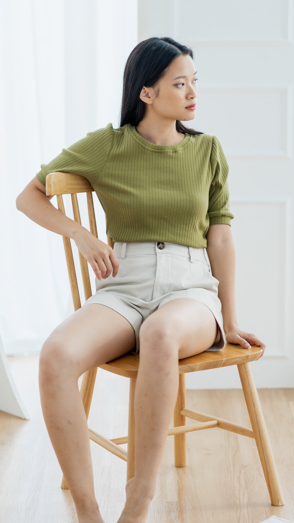 Kyla Puff Sleeve Ribbed Blouse in Army Green [ONLINE ONLY]