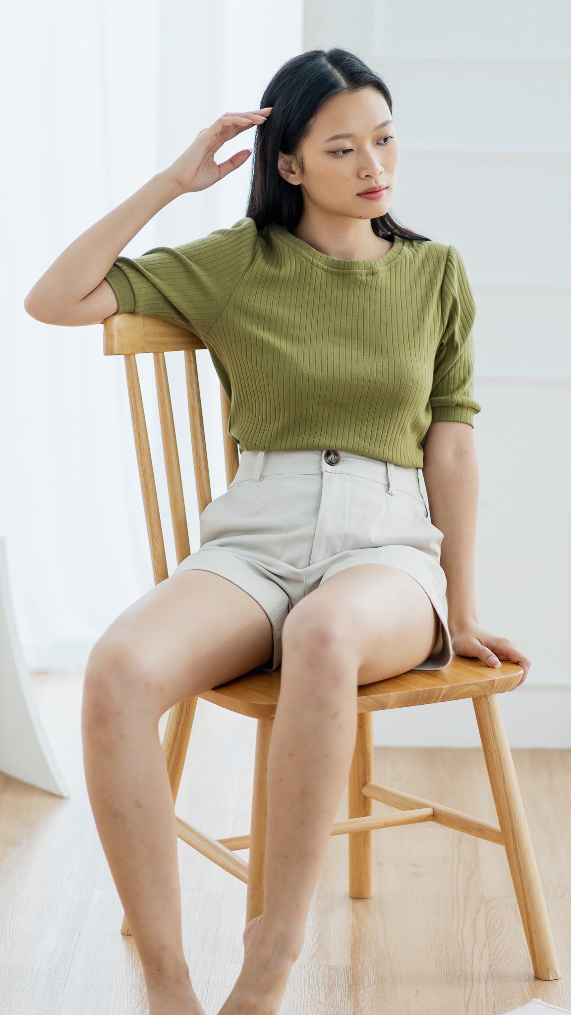 Kyla Puff Sleeve Ribbed Blouse in Army Green [ONLINE ONLY]