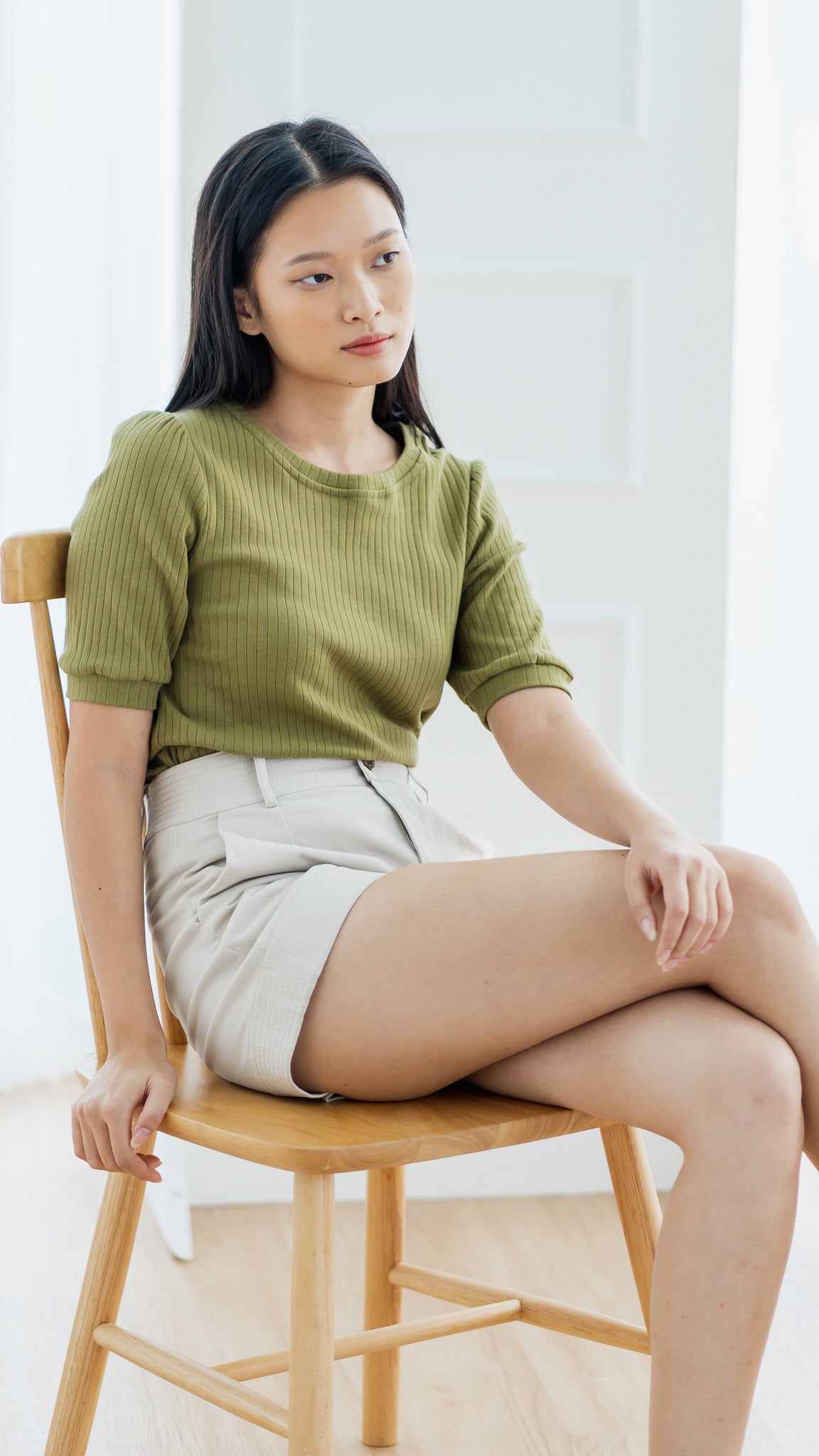 Kyla Puff Sleeve Ribbed Blouse in Army Green [ONLINE ONLY]