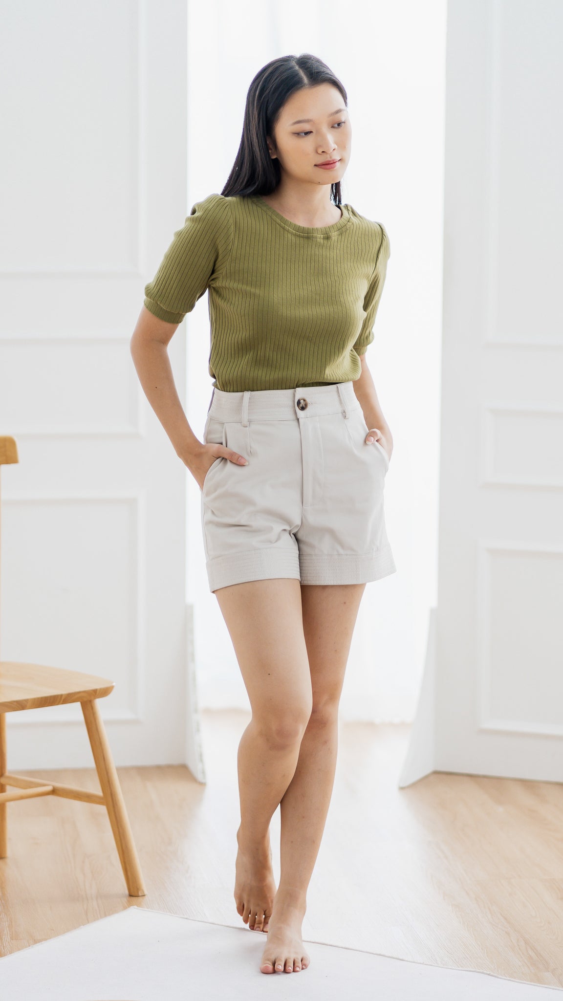 Kyla Puff Sleeve Ribbed Blouse in Army Green [ONLINE ONLY]