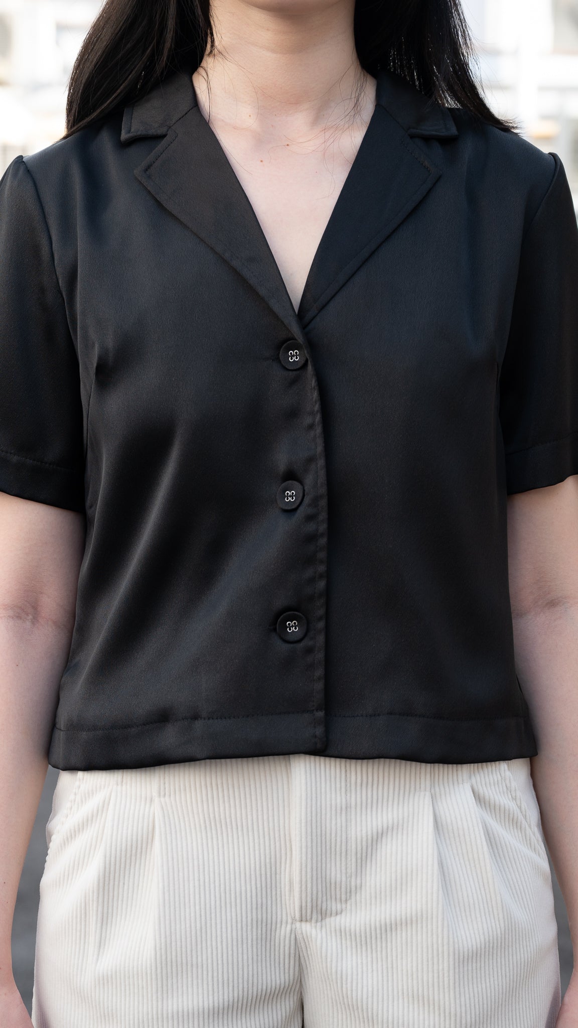 Isla Collared Satin Crop Blouse in Black