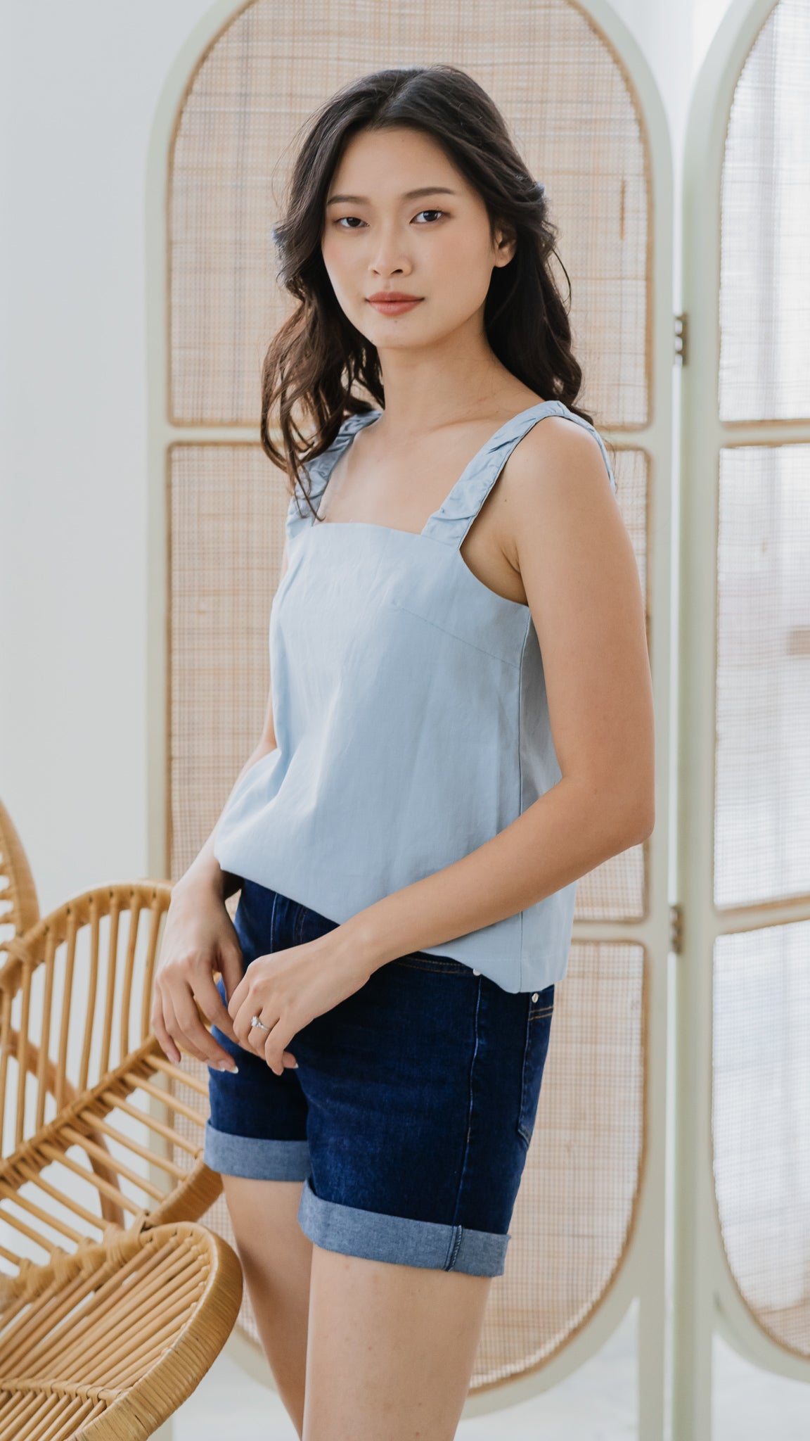Thea Wide Strap Linen Camisole in Sky Blue [ONLINE ONLY] - First