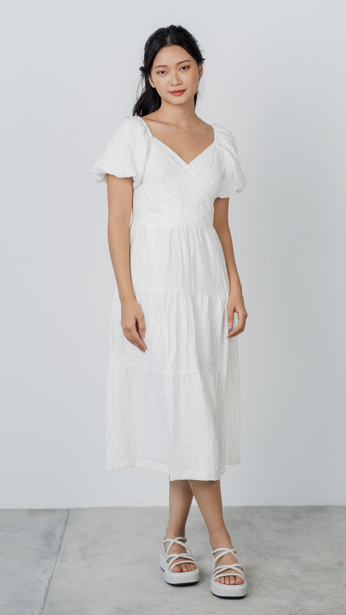 Crossroads Checkered Midi Dress in White [ONLINE ONLY]