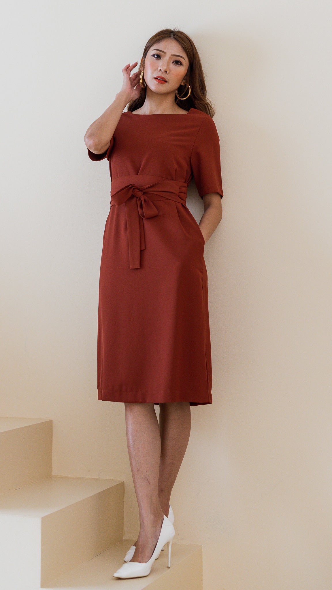 Madelyn Midi Dress with Obi Sash in Rust [ONLINE ONLY]