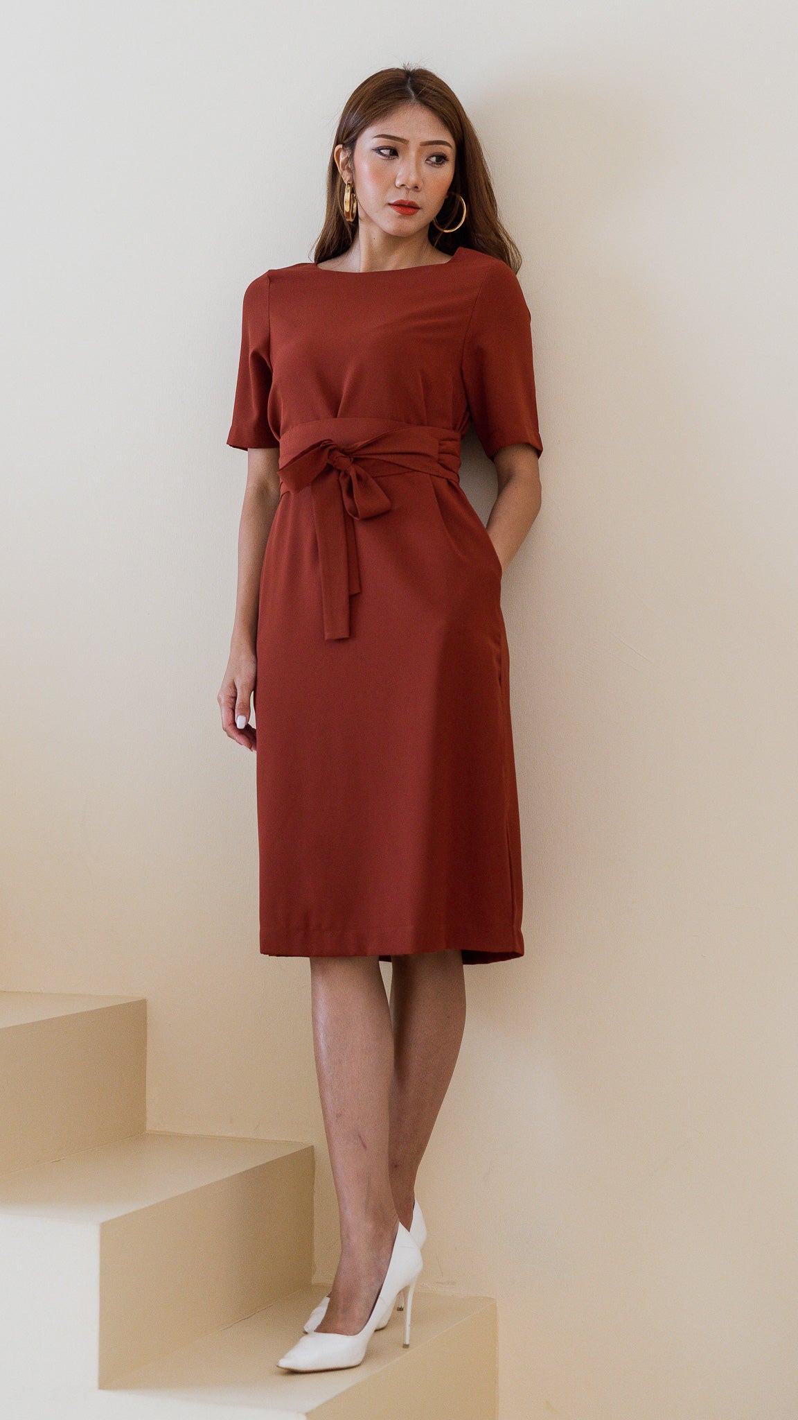 Madelyn Midi Dress with Obi Sash in Rust [ONLINE ONLY]