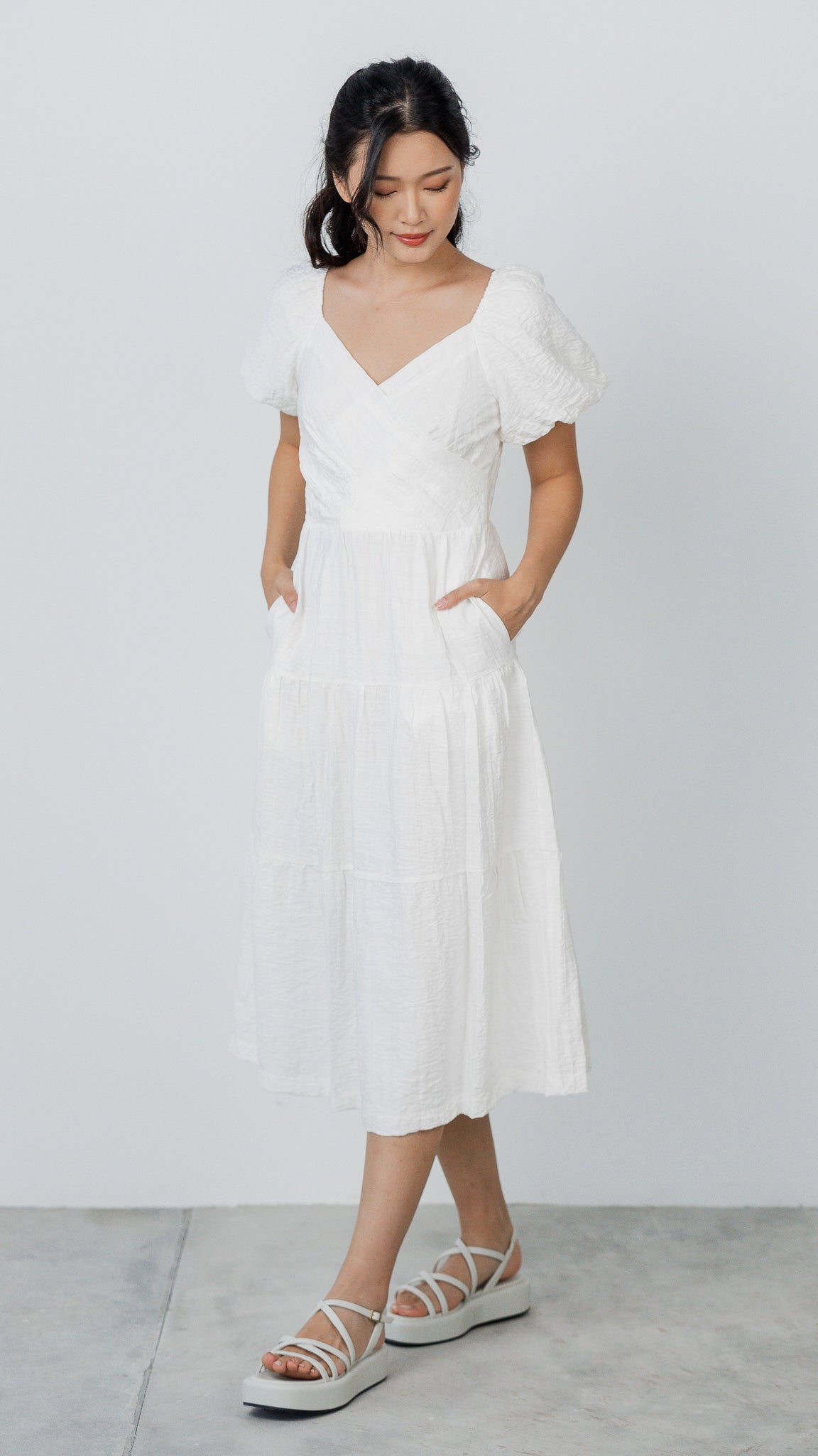 Crossroads Checkered Midi Dress in White [ONLINE ONLY]