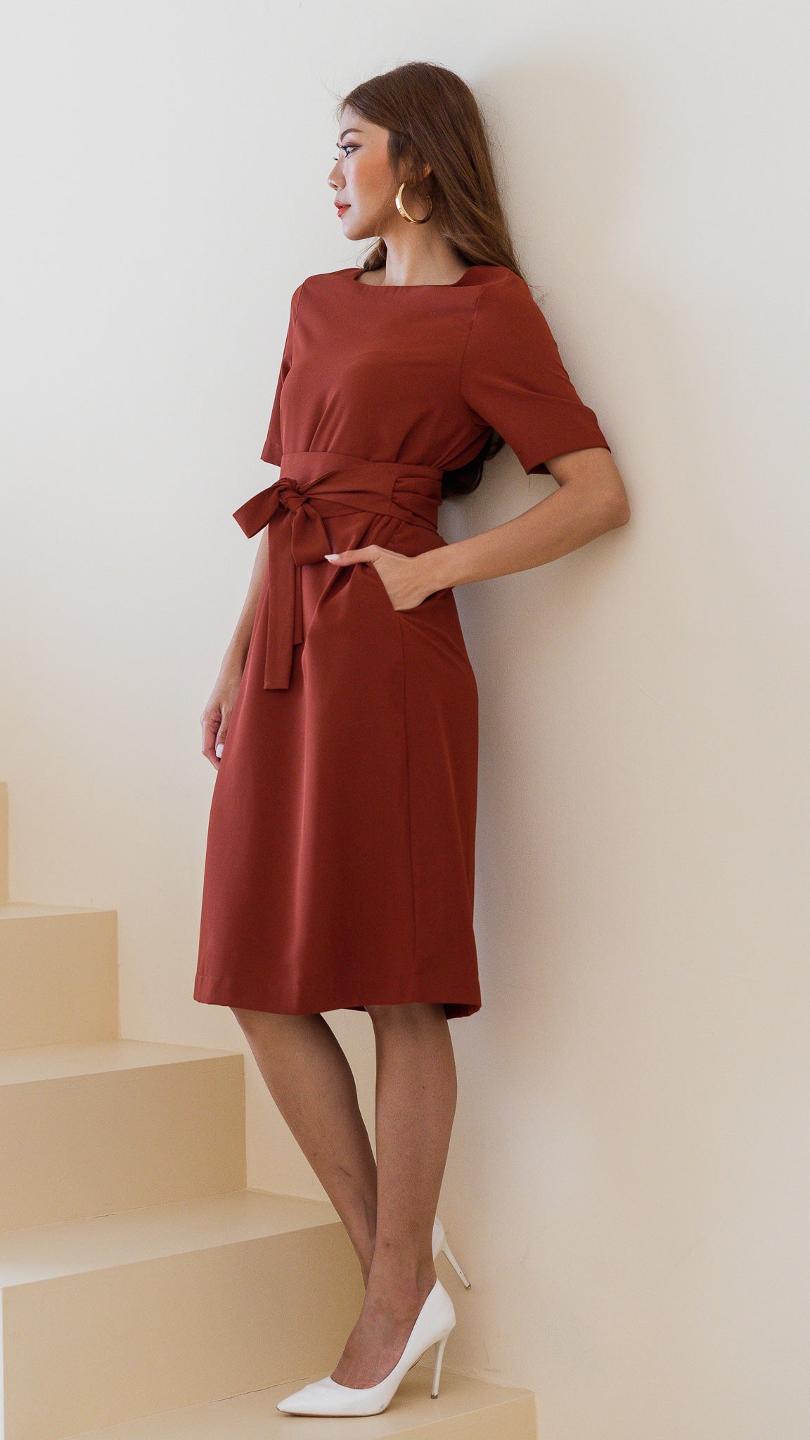 Madelyn Midi Dress with Obi Sash in Rust [ONLINE ONLY]
