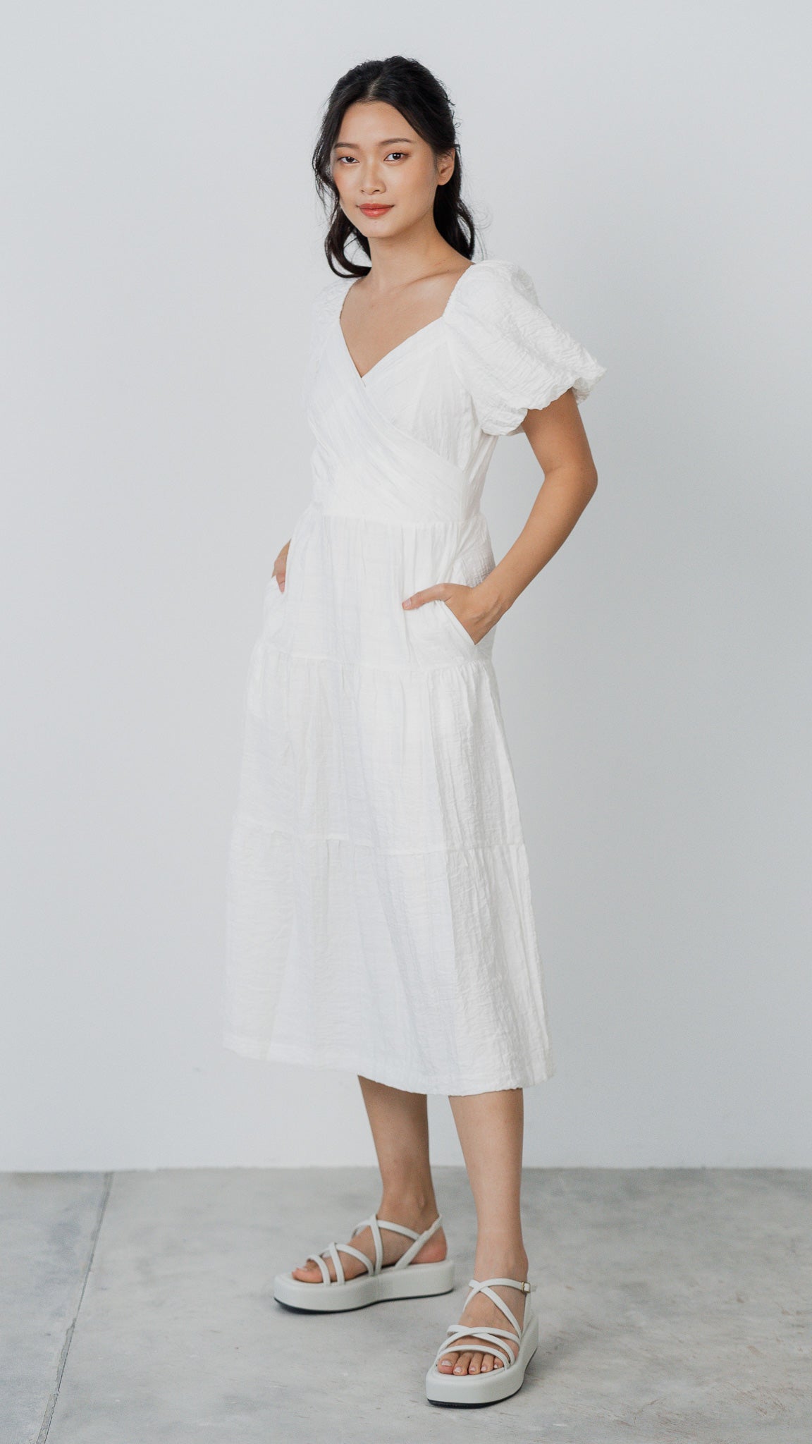 Crossroads Checkered Midi Dress in White [ONLINE ONLY]