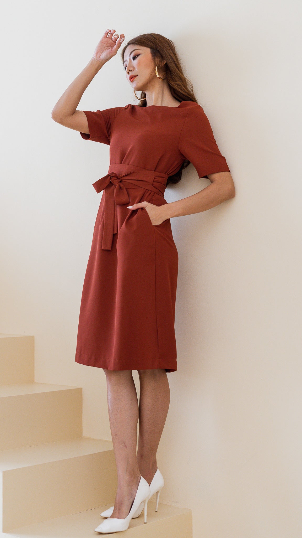 Madelyn Midi Dress with Obi Sash in Rust [ONLINE ONLY]