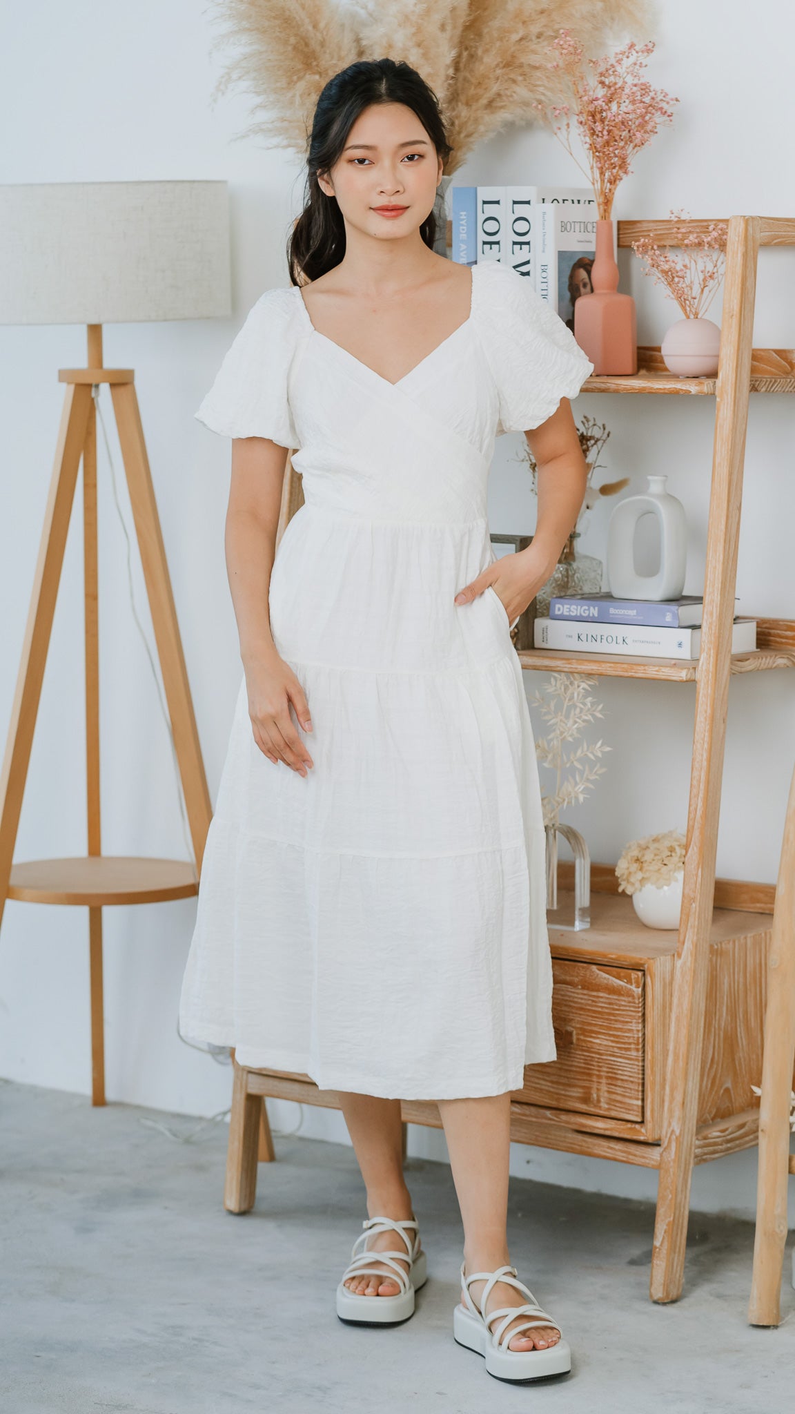 Crossroads Checkered Midi Dress in White [ONLINE ONLY]