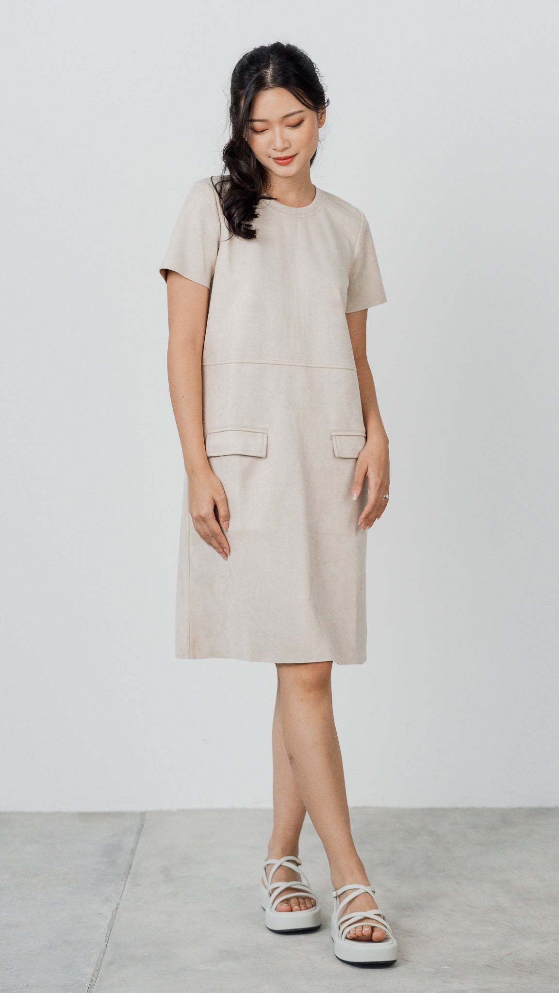 Matilda Suede Shift Dress in Beige [ONLINE ONLY]