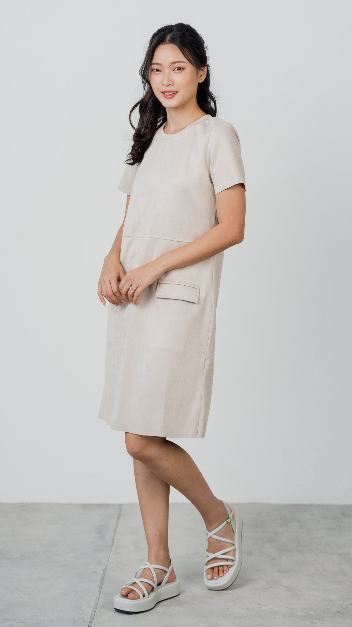 Matilda Suede Shift Dress in Beige [ONLINE ONLY]