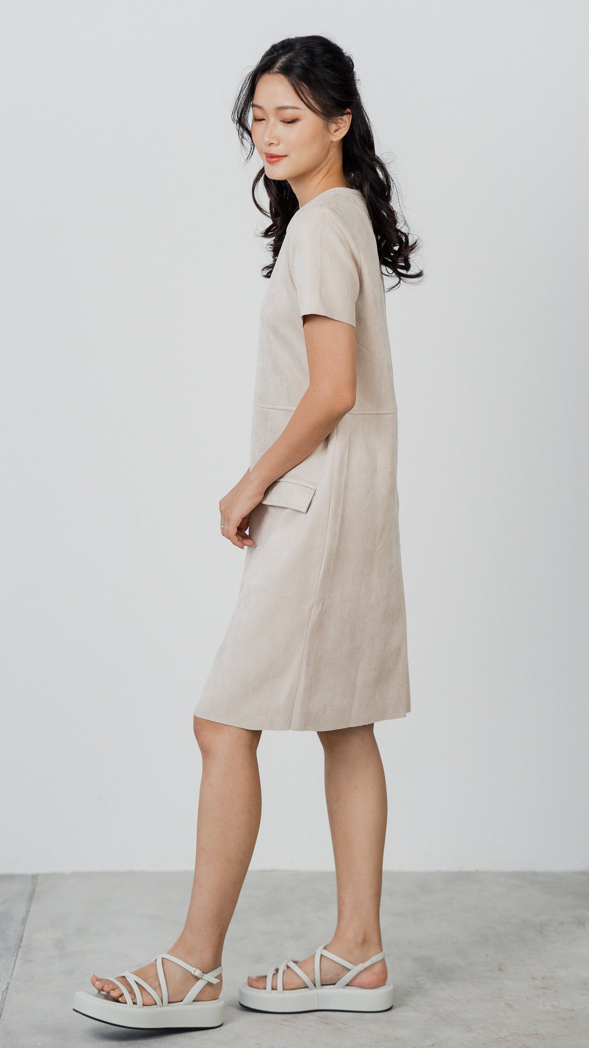 Matilda Suede Shift Dress in Beige [ONLINE ONLY]
